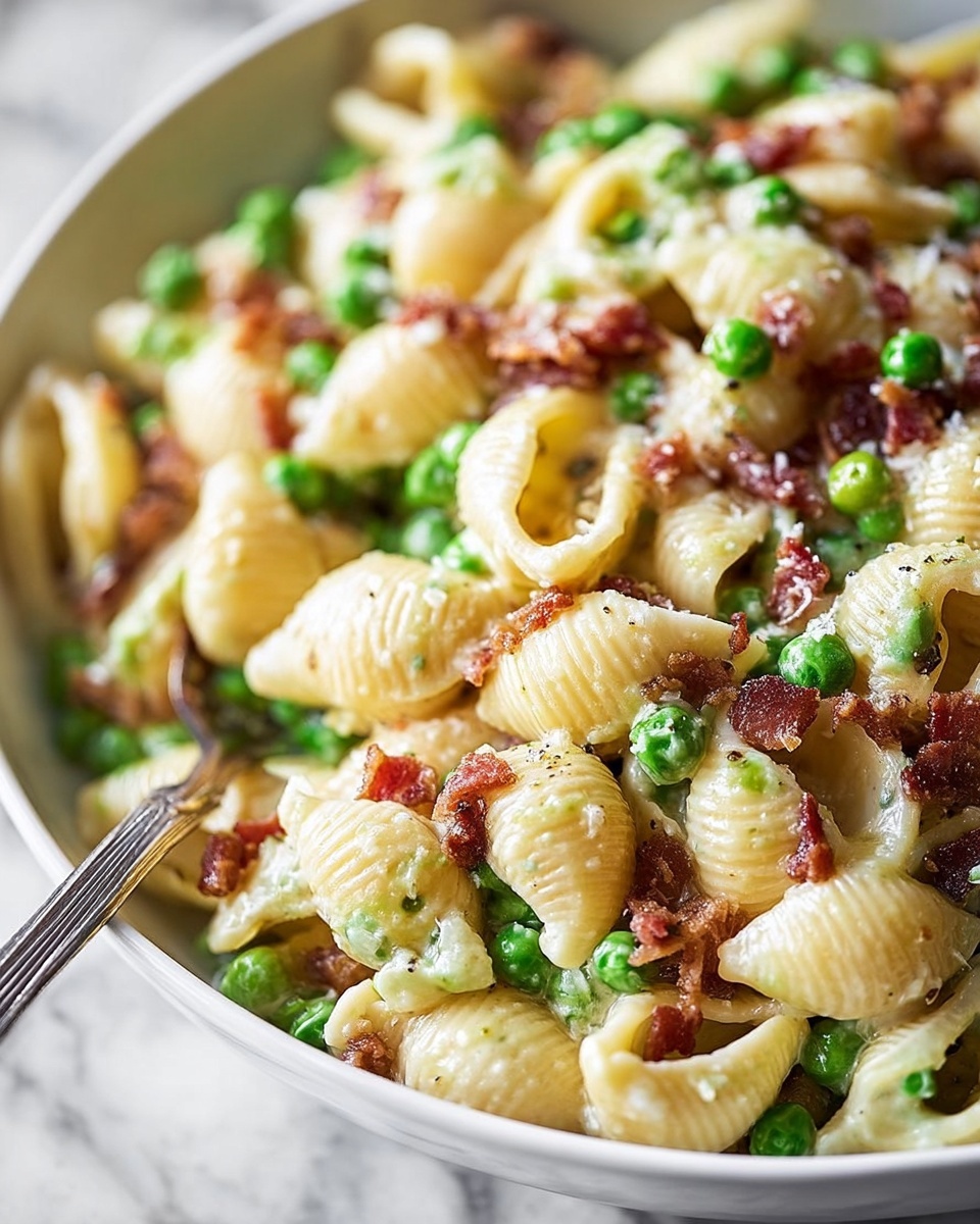 A large white serving bowl filled with creamy pasta shells mixed with vibrant green peas and crispy golden-brown bacon pieces, all tossed together in a rich, velvety sauce that coats every shell beautifully. The dish is arranged to highlight the contrasting textures and colors, presented from a 3/4 angle on a pristine white marble countertop bathed in natural soft daylight. This hearty, comforting pasta dish is styled to evoke warmth and indulgence, capturing the glossy, mouthwatering details of the ingredients in a luxurious, elegant food magazine hero shot. REALISTIC STYLE IMAGE| TAGS: High-end food photography, clean composition, dramatic lighting, luxurious, elegant, mouth-watering, indulgent, gourmet | CAMERA: Nikon Z7 | FOCAL LENGTH: 50mm | SHOT TYPE: Close-up | COMPOSITION: 3/4 angle | LIGHTING: Soft directional light | PRODUCTION: Food Stylist | TIME: Daytime I LOCATION TYPE: Kitchen near windows --stylize 150 --ar 4:5