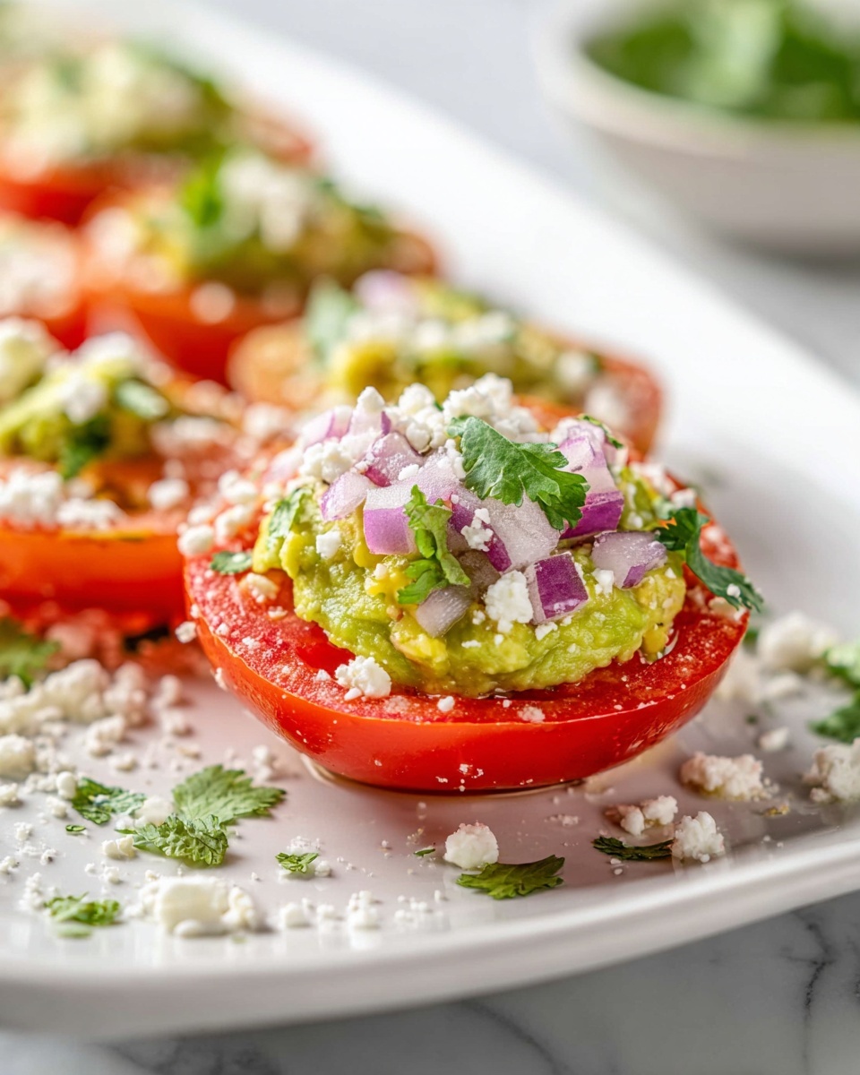 Large white rectangular serving platter filled with multiple fresh tomato wedges topped generously with creamy guacamole made of mashed avocados, finely chopped red onions, and cilantro, all sprinkled with crumbled white cheese, arranged neatly in rows. The whole presentation captured in a professional 3/4 angle shot on a white marble kitchen countertop with natural soft directional daylight illuminating every vibrant color and texture, styled to evoke a fresh, gourmet appetizer perfect for a summer gathering. REALISTIC STYLE IMAGE| TAGS: High-end food photography, clean composition, dramatic lighting, luxurious, elegant, mouth-watering, indulgent, gourmet | CAMERA: Nikon Z7 | FOCAL LENGTH: 50mm | SHOT TYPE: Close-up | COMPOSITION: 3/4 angle | LIGHTING: Soft directional light | PRODUCTION: Food Stylist | TIME: Daytime I LOCATION TYPE: Kitchen near windows --stylize 150 --ar 4:5