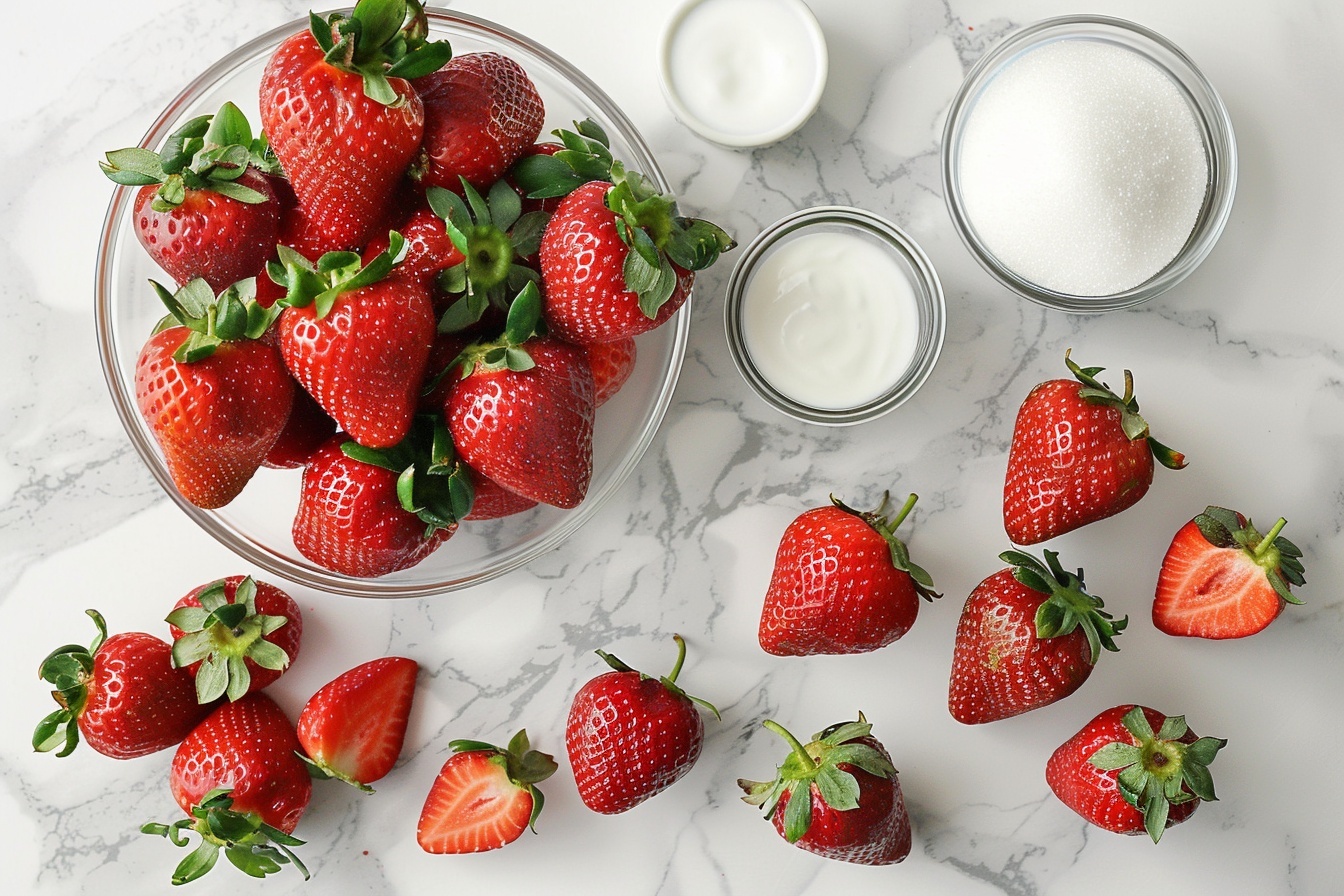 A collection of clear glass dessert cups filled with layered strawberry mousse featuring vibrant red strawberry puree topped with fluffy, pale pink whipped mousse, each garnished with a whole ripe strawberry and small white marshmallows, all placed neatly on a pristine white marble countertop, showcasing the complete set of individual desserts in elegant glassware, presented with natural daylight streaming in softly from nearby windows, styled professionally for a luxurious and indulgent food magazine hero shot. REALISTIC STYLE IMAGE| TAGS: High-end food photography, clean composition, dramatic lighting, luxurious, elegant, mouth-watering, indulgent, gourmet | CAMERA: Nikon Z7 | FOCAL LENGTH: 50mm | SHOT TYPE: Close-up | COMPOSITION: 3/4 angle | LIGHTING: Soft directional light | PRODUCTION: Food Stylist | TIME: Daytime I LOCATION TYPE: Kitchen near windows --stylize 150 --ar 4:5