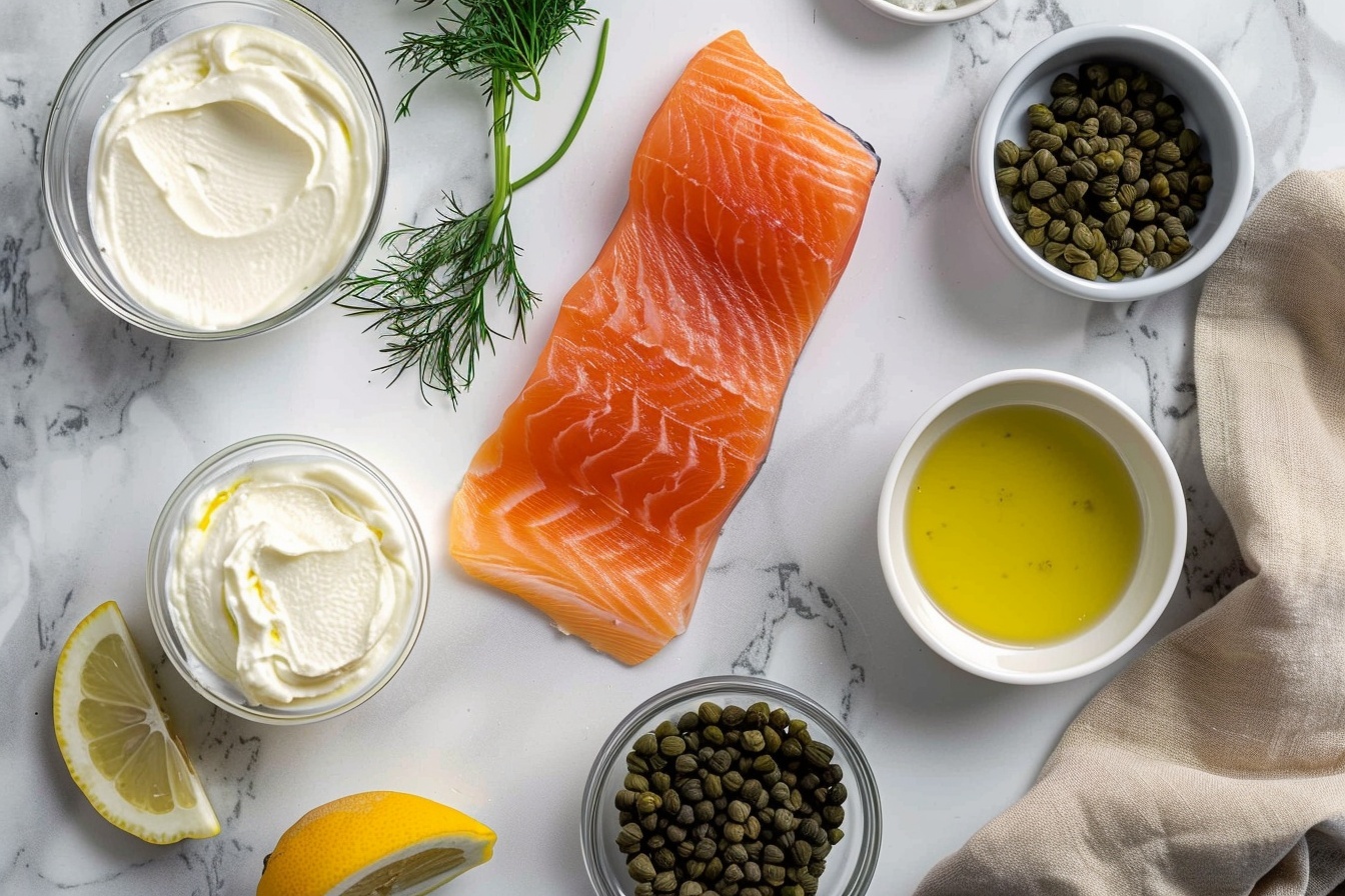 Single white plate featuring one toasted baguette slice topped with a generous spread of creamy salmon-dill spread, close-up angled view emphasizing the fluffy, herb-speckled interior texture of the spread and the golden, crispy edges of the bread, garnished with a small sprig of fresh dill for contrast, placed on a white marble surface with soft natural light highlighting the indulgent texture, styled as a mouth-watering, elegant gourmet appetizer ready to eat, photo by a food stylist in a bright kitchen near windows, intimate plated serving image. REALISTIC STYLE IMAGE| TAGS: High-end food photography, clean composition, dramatic lighting, luxurious, elegant, mouth-watering, indulgent, gourmet | CAMERA: Nikon Z7 | FOCAL LENGTH: 50mm | SHOT TYPE: Close-up | COMPOSITION: 3/4 angle | LIGHTING: Soft directional light | PRODUCTION: Food Stylist | TIME: Daytime I LOCATION TYPE: Kitchen near windows --stylize 150  --ar 4:5