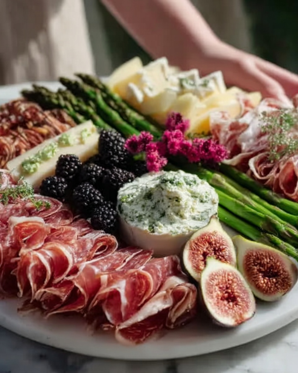 A large, rustic wooden charcuterie board overflowing with an abundant variety of cured meats such as thinly sliced salami and prosciutto, surrounded by piles of assorted cheeses including creamy brie, crumbly blue cheese, and aged cheddar. The board is lavishly garnished with clusters of fresh blackberries, sliced figs, radishes, crisp asparagus spears, crunchy nuts, and colorful edible flowers for a vibrant and elegant presentation. Small bowls of creamy herb dip and honey are nestled among the ingredients, enhancing the artisanal feel. This complete, whole spread is captured in a professional 3/4 angle shot on a pristine white marble kitchen background, bathed in natural soft directional daylight, showcasing every mouth-watering detail as a luxurious gourmet hero shot. REALISTIC STYLE IMAGE| TAGS: High-end food photography, clean composition, dramatic lighting, luxurious, elegant, mouth-watering, indulgent, gourmet | CAMERA: Nikon Z7 | FOCAL LENGTH: 50mm | SHOT TYPE: Close-up | COMPOSITION: 3/4 angle | LIGHTING: Soft directional light | PRODUCTION: Food Stylist | TIME: Daytime I LOCATION TYPE: Kitchen near windows --stylize 150 --ar 4:5