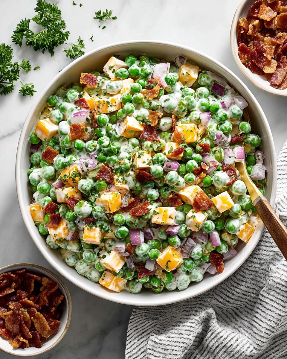 Large white bowl filled with creamy pea salad featuring vibrant whole green peas, crisp golden cheddar cheese cubes, finely diced red onions, and scattered crispy bacon pieces lightly coated in a rich, luscious dressing, garnished with fresh chopped parsley, accompanied by a small white bowl of extra bacon on the side, set on a white marble kitchen countertop with a soft striped gray kitchen towel nearby, natural daylight highlighting the fresh and indulgent textures, styled for a high-end food magazine hero shot, professional food styling. REALISTIC STYLE IMAGE| TAGS: High-end food photography, clean composition, dramatic lighting, luxurious, elegant, mouth-watering, indulgent, gourmet | CAMERA: Nikon Z7 | FOCAL LENGTH: 50mm | SHOT TYPE: Close-up | COMPOSITION: 3/4 angle | LIGHTING: Soft directional light | PRODUCTION: Food Stylist | TIME: Daytime I LOCATION TYPE: Kitchen near windows --stylize 150 --ar 4:5