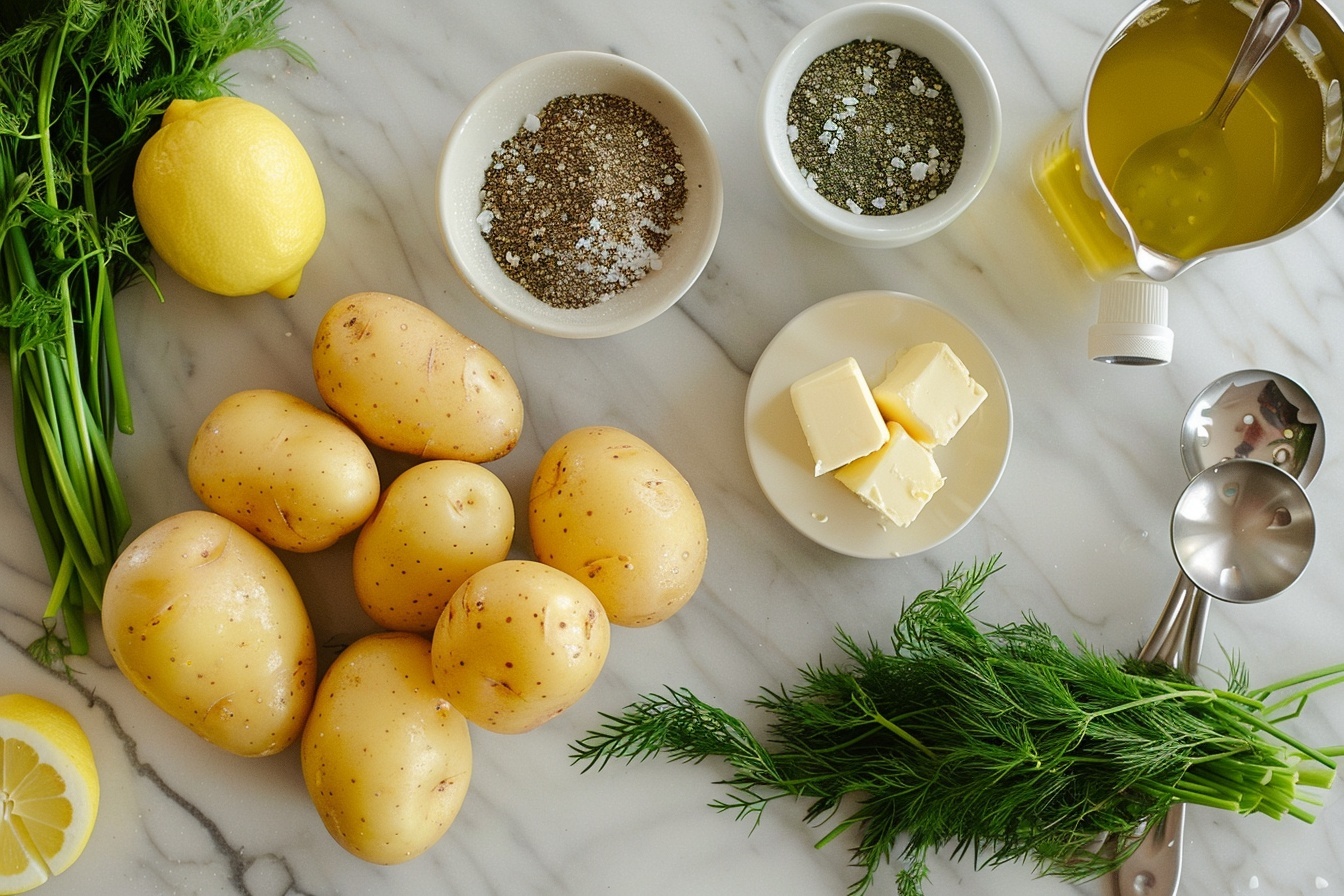 Single white plate featuring one generous portion of golden pan-roasted lemon potatoes with visible crisp edges and speckled with fragrant dill, close-up angled shot revealing the tender interior and slight char, garnished with a small sprig of fresh dill on the side, placed on a white marble surface with natural daylight softly illuminating the textures, styled like an elegant food blog serving. REALISTIC STYLE IMAGE| TAGS: High-end food photography, clean composition, dramatic lighting, luxurious, elegant, mouth-watering, indulgent, gourmet | CAMERA: Nikon Z7 | FOCAL LENGTH: 50mm | SHOT TYPE: Close-up | COMPOSITION: 3/4 angle | LIGHTING: Soft directional light | PRODUCTION: Food Stylist | TIME: Daytime I LOCATION TYPE: Kitchen near windows --stylize 150  --ar 4:5