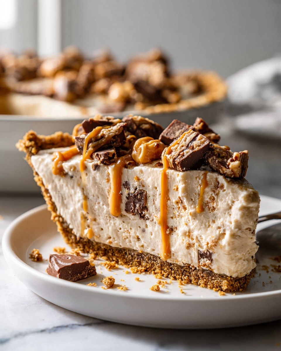 Large white ceramic baking dish filled with a whole, uncut peanut butter cheesecake pie topped generously with chopped candy bars, caramel drizzle, and a thick crumbly graham cracker crust, presented on a white marble kitchen countertop with natural soft directional lighting, professional food styling capturing a luxurious and indulgent dessert in a 3/4 angle close-up, perfect for a food magazine hero shot, showcasing the rich texture and decadent topping in a high-end food photography style | REALISTIC STYLE IMAGE | TAGS: High-end food photography, clean composition, dramatic lighting, luxurious, elegant, mouth-watering, indulgent, gourmet | CAMERA: Nikon Z7 | FOCAL LENGTH: 50mm | SHOT TYPE: Close-up | COMPOSITION: 3/4 angle | LIGHTING: Soft directional light | PRODUCTION: Food Stylist | TIME: Daytime | LOCATION TYPE: Kitchen near windows --stylize 150 --ar 4:5