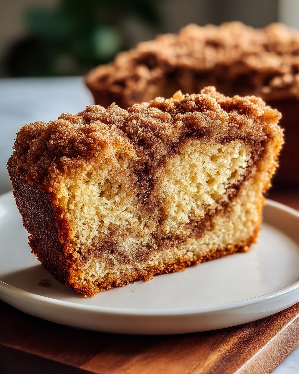 A whole freshly baked cinnamon streusel coffee cake loaf resting on a white rectangular serving platter, featuring a perfectly golden-brown crumbly top layer with swirls of cinnamon sugar throughout the cake's tender interior, photographed at a 3/4 angle to highlight the full loaf in its complete, uncut form, styled on a white marble kitchen countertop with natural daylight streaming softly, capturing the inviting texture and rustic charm of this classic dessert. REALISTIC STYLE IMAGE| TAGS: High-end food photography, clean composition, dramatic lighting, luxurious, elegant, mouth-watering, indulgent, gourmet | CAMERA: Nikon Z7 | FOCAL LENGTH: 50mm | SHOT TYPE: Close-up | COMPOSITION: 3/4 angle | LIGHTING: Soft directional light | PRODUCTION: Food Stylist | TIME: Daytime I LOCATION TYPE: Kitchen near windows --stylize 150 --ar 4:5