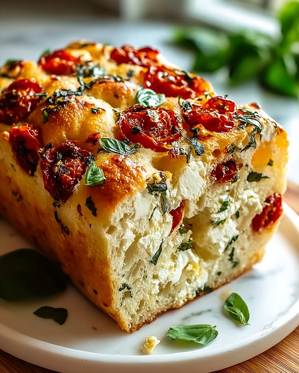 Whole freshly baked savory loaf bread filled with sun-dried tomatoes, fresh basil, and creamy cheese swirled beautifully throughout the soft, golden crust, decorated on top with vibrant tomato slices and scattered basil leaves, resting on a pristine white plate, captured in a lush 3/4 angle shot with soft natural light on a white marble kitchen counter, styled extravagantly to evoke a gourmet rustic charm, inviting and mouth-watering presentation, perfect for a high-end food magazine feature. REALISTIC STYLE IMAGE| TAGS: High-end food photography, clean composition, dramatic lighting, luxurious, elegant, mouth-watering, indulgent, gourmet | CAMERA: Nikon Z7 | FOCAL LENGTH: 50mm | SHOT TYPE: Close-up | COMPOSITION: 3/4 angle | LIGHTING: Soft directional light | PRODUCTION: Food Stylist | TIME: Daytime I LOCATION TYPE: Kitchen near windows --stylize 150 --ar 4:5