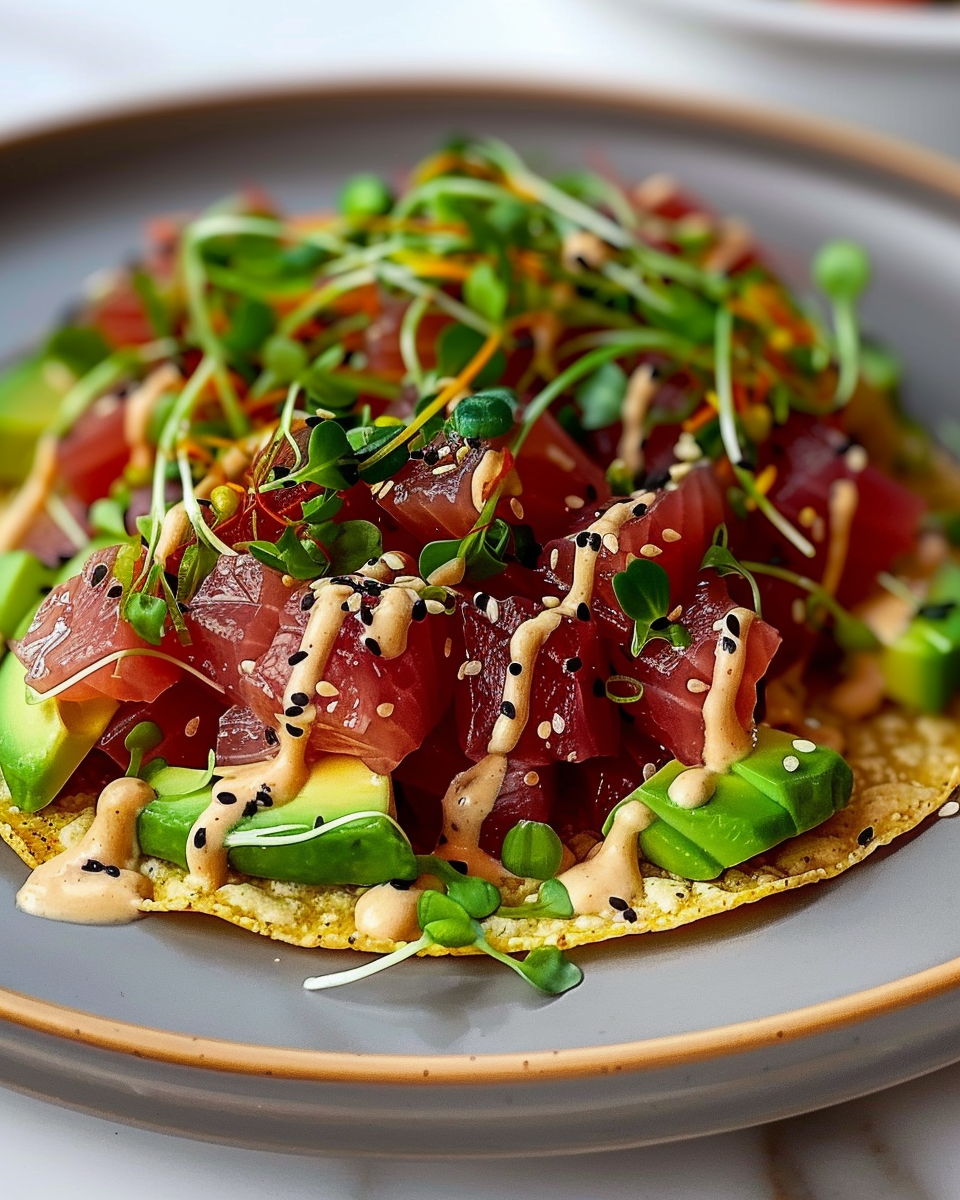 A large white oval ceramic serving tray filled with a generous bunch of crispy tuna poke tostadas, each tostada topped with vibrant chunks of fresh tuna, creamy avocado cubes, drizzled liberally with spicy mayo sauce, and sprinkled with black and white sesame seeds, scallions, and delicate pea shoots, arranged elegantly side by side on a pristine white marble kitchen counter, captured in a professional 3/4 angle shot with natural soft directional light highlighting the textures and colors, styled by an expert food stylist for a luxurious, mouth-watering gourmet presentation. REALISTIC STYLE IMAGE| TAGS: High-end food photography, clean composition, dramatic lighting, luxurious, elegant, mouth-watering, indulgent, gourmet | CAMERA: Nikon Z7 | FOCAL LENGTH: 50mm | SHOT TYPE: Close-up | COMPOSITION: 3/4 angle | LIGHTING: Soft directional light | PRODUCTION: Food Stylist | TIME: Daytime I LOCATION TYPE: Kitchen near windows --stylize 150 --ar 4:5