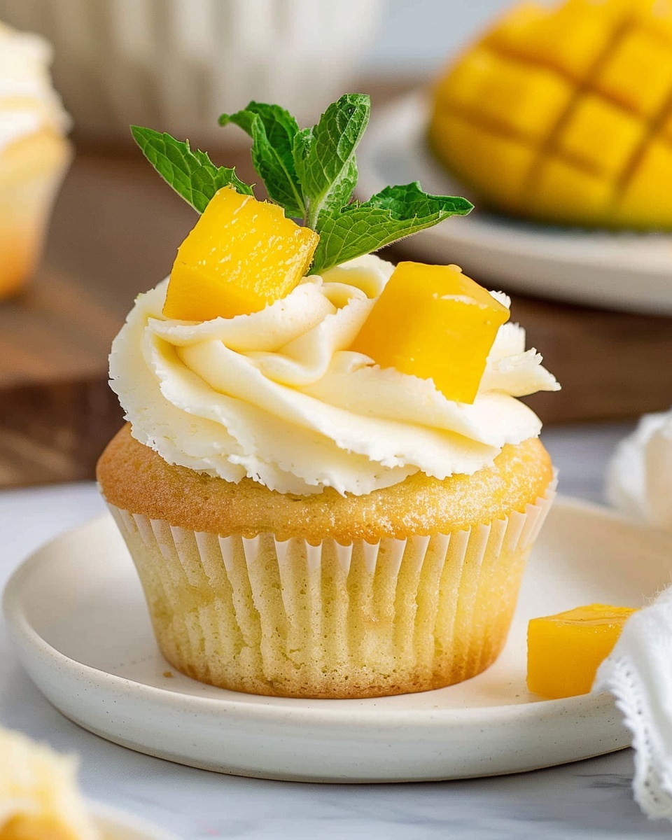 A wooden tray holding a full dozen of freshly baked cupcakes, each topped with a generous swirl of smooth white frosting, finished with glossy cubes of bright yellow mango and a fresh mint leaf on top, whole cupcakes perfectly arranged in neat rows, captured from a 3/4 angle on a white marble kitchen countertop with soft natural daylight highlighting the creamy texture and vibrant fruit, styled professionally with clean composition and luxurious appeal. REALISTIC STYLE IMAGE| TAGS: High-end food photography, clean composition, dramatic lighting, luxurious, elegant, mouth-watering, indulgent, gourmet | CAMERA: Nikon Z7 | FOCAL LENGTH: 50mm | SHOT TYPE: Close-up | COMPOSITION: 3/4 angle | LIGHTING: Soft directional light | PRODUCTION: Food Stylist | TIME: Daytime I LOCATION TYPE: Kitchen near windows --stylize 150 --ar 4:5
