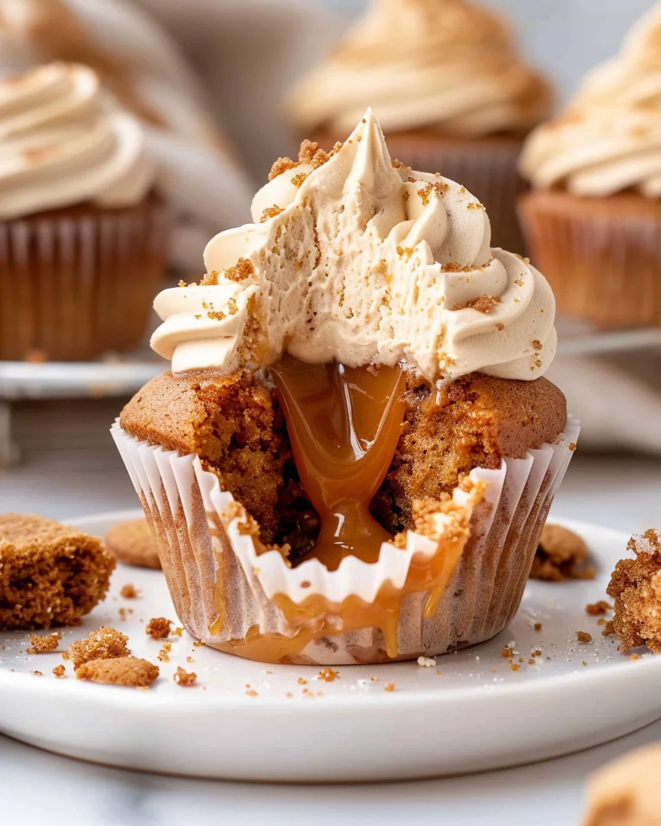 Biscoff Cupcakes with Biscoff Buttercream Recipe 6 A pristine white oval large ceramic serving tray artistically laden with a generous bunch of golden-brown spiced cookies, each topped with luscious piped cinnamon cream frosting and delicately drizzled with caramel, garnished with miniature crisp ginger snap cookies, arranged symmetrically to showcase the texture and rich decoration, placed on a white marble kitchen countertop under natural soft directional daylight streaming through kitchen windows, food styling emphasizing elegance and indulgence, styled as a luxurious, mouth-watering gourmet presentation. REALISTIC STYLE IMAGE| TAGS: High-end food photography, clean composition, dramatic lighting, luxurious, elegant, mouth-watering, indulgent, gourmet | CAMERA: Nikon Z7 | FOCAL LENGTH: 50mm | SHOT TYPE: Close-up | COMPOSITION: 3/4 angle | LIGHTING: Soft directional light | PRODUCTION: Food Stylist | TIME: Daytime I LOCATION TYPE: Kitchen near windows --stylize 150 --ar 4:5