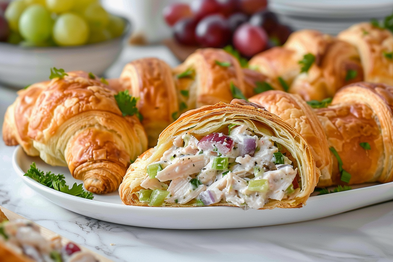 A large white oval ceramic serving tray neatly arranged with a generous batch of flaky golden croissants, each stuffed with a creamy chicken salad loaded with vibrant red grapes, crisp celery pieces, finely chopped red onion, and fresh parsley accents, showcasing the entire collection of freshly made stuffed croissants together, photographed in a 3/4 angle on a white marble kitchen countertop under soft natural light, styled to evoke a luxurious and inviting gourmet presentation. REALISTIC STYLE IMAGE| TAGS: High-end food photography, clean composition, dramatic lighting, luxurious, elegant, mouth-watering, indulgent, gourmet | CAMERA: Nikon Z7 | FOCAL LENGTH: 50mm | SHOT TYPE: Close-up | COMPOSITION: 3/4 angle | LIGHTING: Soft directional light | PRODUCTION: Food Stylist | TIME: Daytime I LOCATION TYPE: Kitchen near windows --stylize 150 --ar 4:5