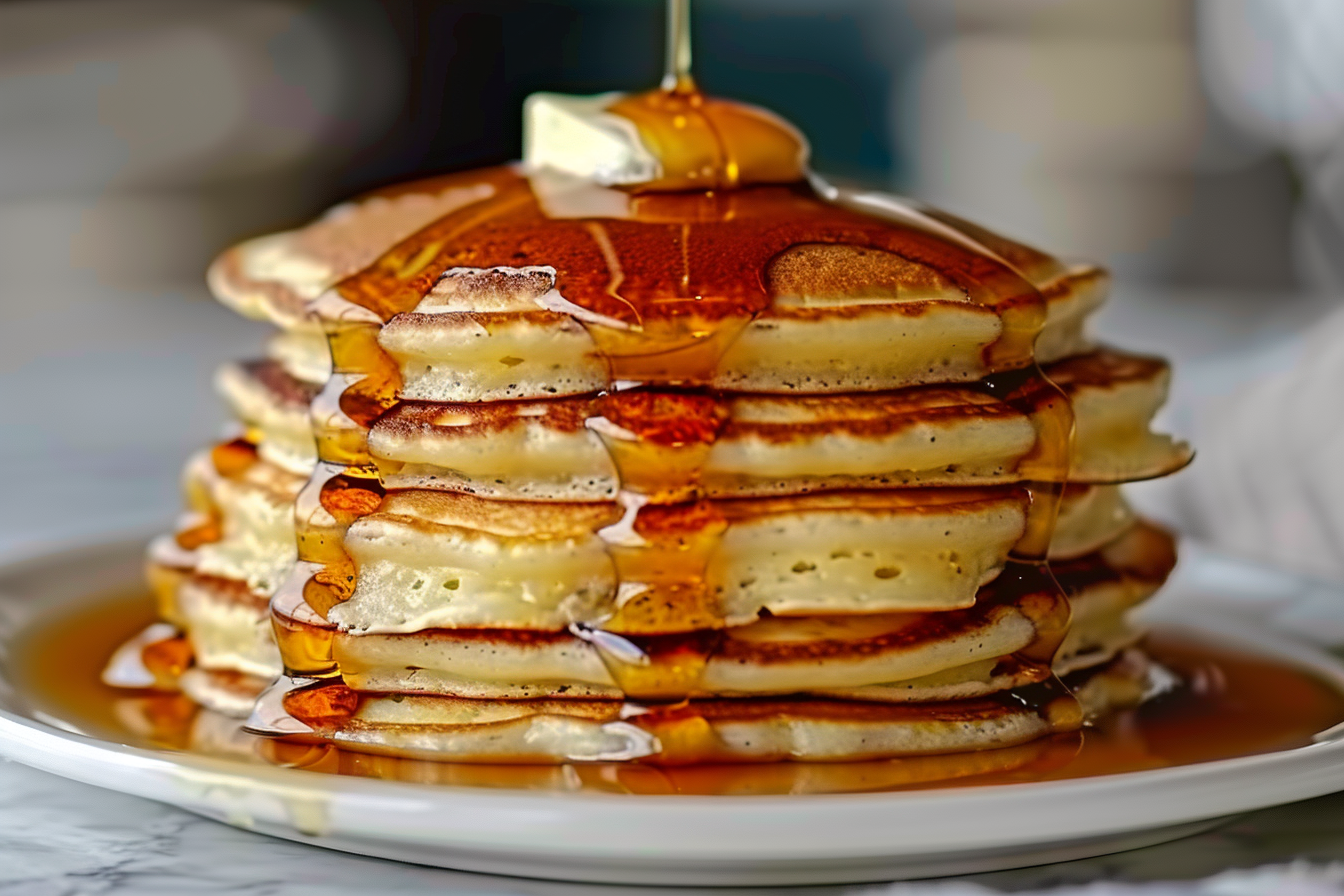A full stack of fluffy golden pancakes neatly piled high on a large white ceramic plate, topped with a generous pat of melting butter and streams of amber maple syrup cascading down the sides, the entire tower glistening under soft natural light. The scene is set on a pristine white marble countertop with a clean, elegant background, capturing the indulgent and inviting qualities of a classic breakfast favorite. The photo is taken at a 3/4 angle, showcasing the complete, uncut stack with perfect texture and warm tones in a high-end food magazine style. REALISTIC STYLE IMAGE| TAGS: High-end food photography, clean composition, dramatic lighting, luxurious, elegant, mouth-watering, indulgent, gourmet | CAMERA: Nikon Z7 | FOCAL LENGTH: 50mm | SHOT TYPE: Close-up | COMPOSITION: 3/4 angle | LIGHTING: Soft directional light | PRODUCTION: Food Stylist | TIME: Daytime I LOCATION TYPE: Kitchen near windows --stylize 150 --ar 4:5