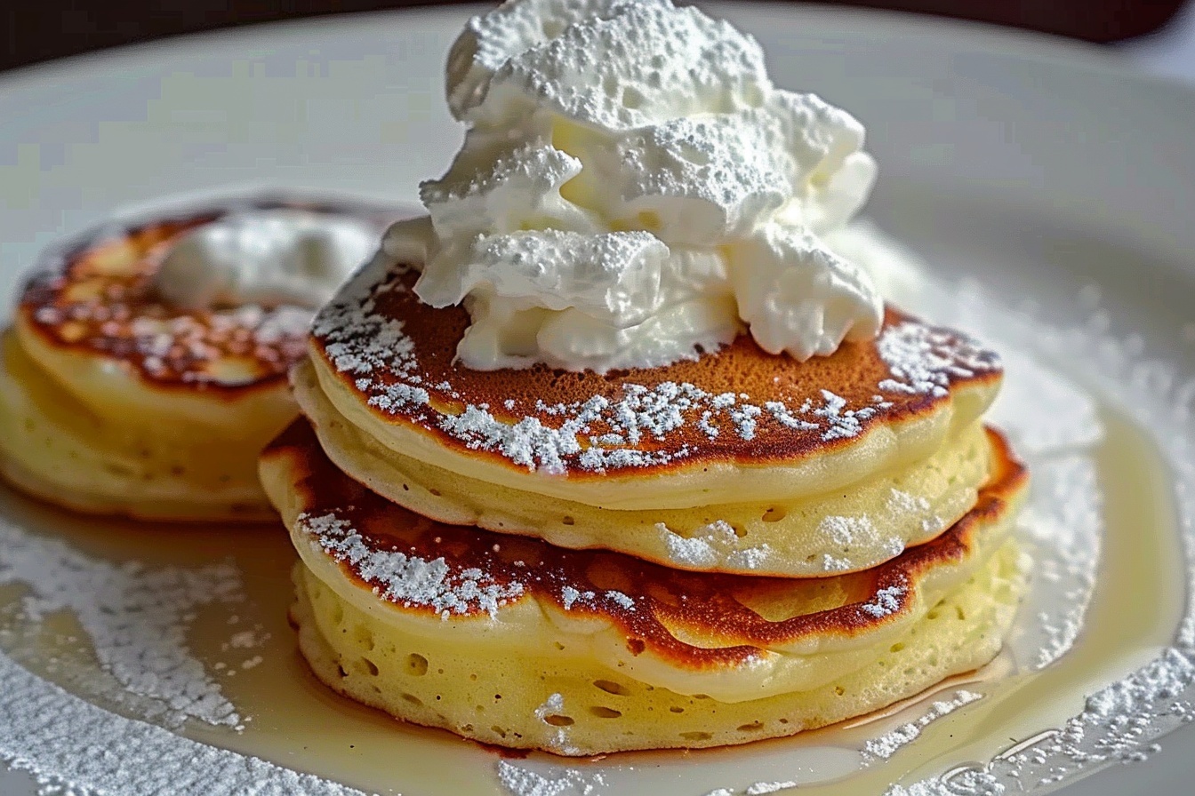 A large white ceramic serving platter elegantly arranged with a generous stack of golden, fluffy pancakes, each perfectly round and evenly cooked with crisp edges, topped with dollops of whipped cream and sprinkled lightly with powdered sugar, showcasing the entire stack in its full, inviting glory. The dish is photographed at a 3/4 angle on a pristine white marble kitchen countertop, bathed in soft natural daylight from nearby windows, styled by a food professional to emphasize the warmth and texture of the pancakes, creating a mouth-watering and indulgent visual feast. REALISTIC STYLE IMAGE| TAGS: High-end food photography, clean composition, dramatic lighting, luxurious, elegant, mouth-watering, indulgent, gourmet | CAMERA: Nikon Z7 | FOCAL LENGTH: 50mm | SHOT TYPE: Close-up | COMPOSITION: 3/4 angle | LIGHTING: Soft directional light | PRODUCTION: Food Stylist | TIME: Daytime I LOCATION TYPE: Kitchen near windows --stylize 150 --ar 4:5