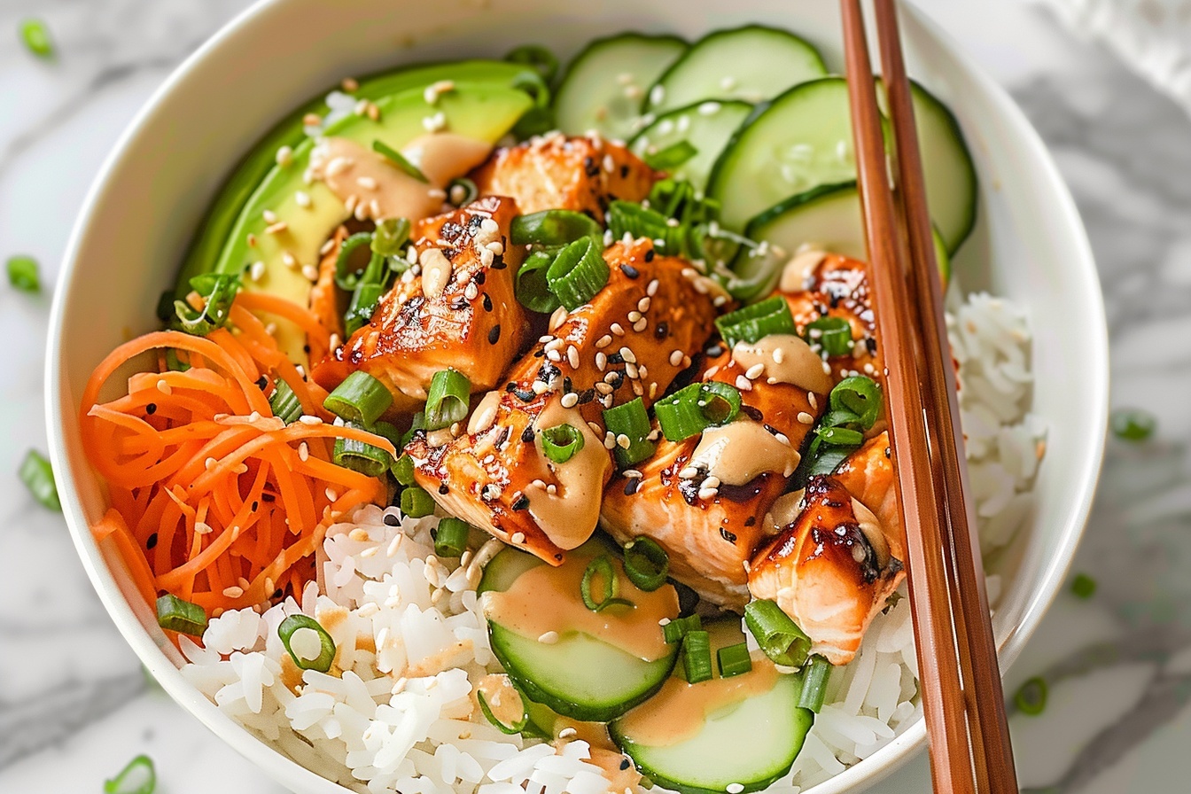 Large white bowl filled with an abundant serving of poke bowl ingredients including perfectly grilled salmon chunks glazed and drizzled with spicy mayo sauce, slices of fresh avocado, heaps of shredded carrot, thinly sliced cucumbers tossed in sesame seeds and scallions, layered over a bed of fluffy white sushi rice, multiple servings arranged side by side on a white marble countertop, natural daylight highlighting the vibrant textures and colors, styled elegantly as a gourmet food magazine hero shot, photographed with Nikon Z7 at 50mm, close-up 3/4 angle composition with soft directional light, daytime kitchen near window setting --stylize 150 --ar 4:5 REALISTIC STYLE IMAGE| TAGS: High-end food photography, clean composition, dramatic lighting, luxurious, elegant, mouth-watering, indulgent, gourmet | CAMERA: Nikon Z7 | FOCAL LENGTH: 50mm | SHOT TYPE: Close-up | COMPOSITION: 3/4 angle | LIGHTING: Soft directional light | PRODUCTION: Food Stylist | TIME: Daytime I LOCATION TYPE: Kitchen near windows --stylize 150 --ar 4:5