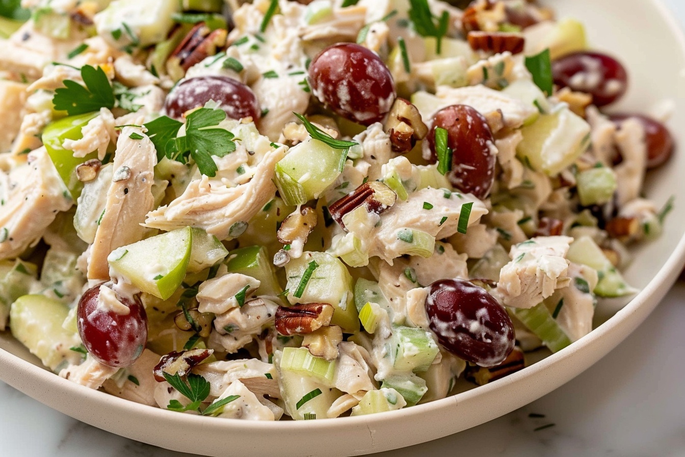Large white ceramic bowl filled with classic chicken salad showing tender shredded chicken mixed with creamy mayonnaise, crisp diced celery, chopped pecans, juicy halved red grapes, and finely chopped fresh parsley, all uniformly coated and visibly fresh, photographed from a 3/4 angle on a pristine white marble kitchen countertop with natural soft directional daylight emphasizing texture and colors, styled with gourmet food styling for a mouth-watering, elegant presentation perfect for a food magazine hero shot. REALISTIC STYLE IMAGE| TAGS: High-end food photography, clean composition, dramatic lighting, luxurious, elegant, mouth-watering, indulgent, gourmet | CAMERA: Nikon Z7 | FOCAL LENGTH: 50mm | SHOT TYPE: Close-up | COMPOSITION: 3/4 angle | LIGHTING: Soft directional light | PRODUCTION: Food Stylist | TIME: Daytime I LOCATION TYPE: Kitchen near windows --stylize 150 --ar 4:5