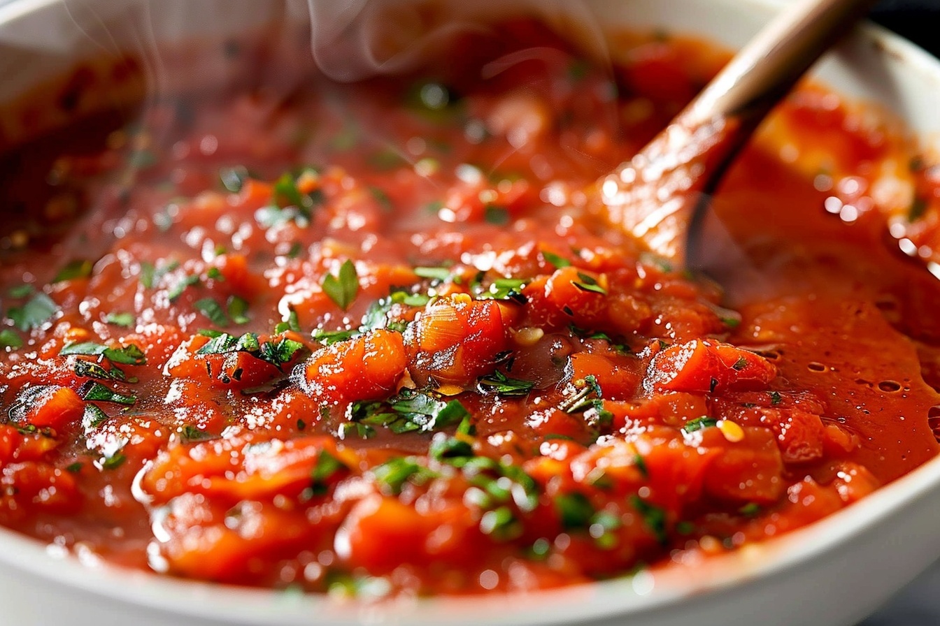A large white ceramic saucepan filled with vibrant homemade red chili sauce simmering gently, rich with a glossy texture and flecked generously with chili flakes and crushed garlic, showcasing the sauce's thick, hearty consistency. The entire pan is centered on a white marble kitchen countertop, bathed in soft natural daylight that enhances the deep red hues and subtle sheen of the sauce, capturing a professional 3/4 angle hero shot typical of gourmet food magazines. REALISTIC STYLE IMAGE| TAGS: High-end food photography, clean composition, dramatic lighting, luxurious, elegant, mouth-watering, indulgent, gourmet | CAMERA: Nikon Z7 | FOCAL LENGTH: 50mm | SHOT TYPE: Close-up | COMPOSITION: 3/4 angle | LIGHTING: Soft directional light | PRODUCTION: Food Stylist | TIME: Daytime I LOCATION TYPE: Kitchen near windows --stylize 150 --ar 4:5