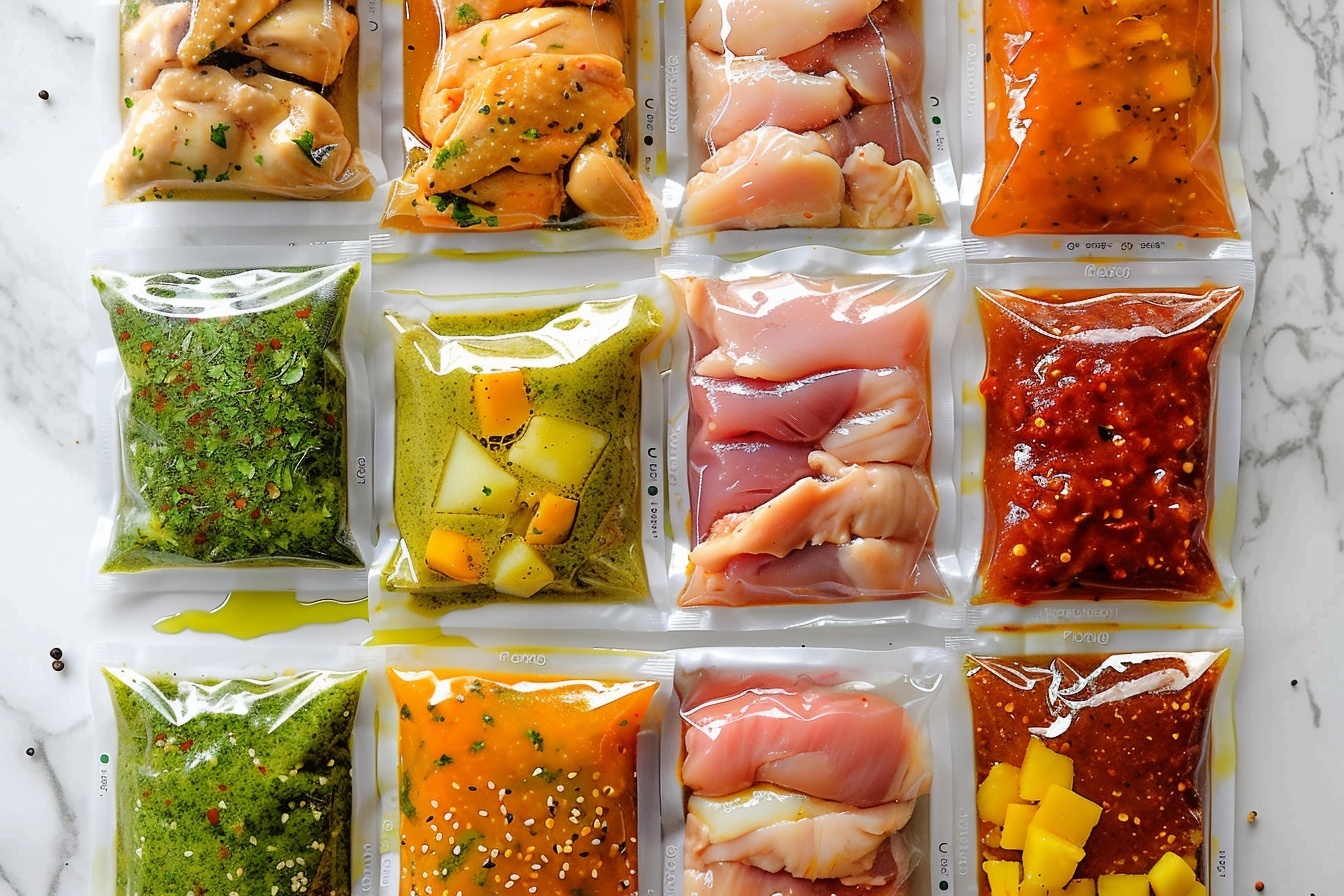 Large white marble countertop featuring an array of ten tightly sealed vacuum bags neatly arranged in a grid, each bag visibly packed with raw chicken marinating in distinct and colorful sauces ranging from vibrant orange buffalo, bright green pesto, golden lemon garlic, spicy yellow mango, rich honey mustard speckled with mustard seeds, smoky reddish garlicky BBQ, aromatic orange cumin, tangy Mississippi, savory sesame ginger, to fiery red fajita blend; the entire collection displayed as a complete set of marinated chicken ready for cooking, photographed from above with pristine white marble kitchen background and soft natural daylight emphasizing the textures and colors, professional food stylist arrangement, like a hero shot from a gourmet food magazine, enticing and vividly detailed. REALISTIC STYLE IMAGE| TAGS: High-end food photography, clean composition, dramatic lighting, luxurious, elegant, mouth-watering, indulgent, gourmet | CAMERA: Nikon Z7 | FOCAL LENGTH: 50mm | SHOT TYPE: Close-up | COMPOSITION: 3/4 angle | LIGHTING: Soft directional light | PRODUCTION: Food Stylist | TIME: Daytime I LOCATION TYPE: Kitchen near windows --stylize 150 --ar 4:5