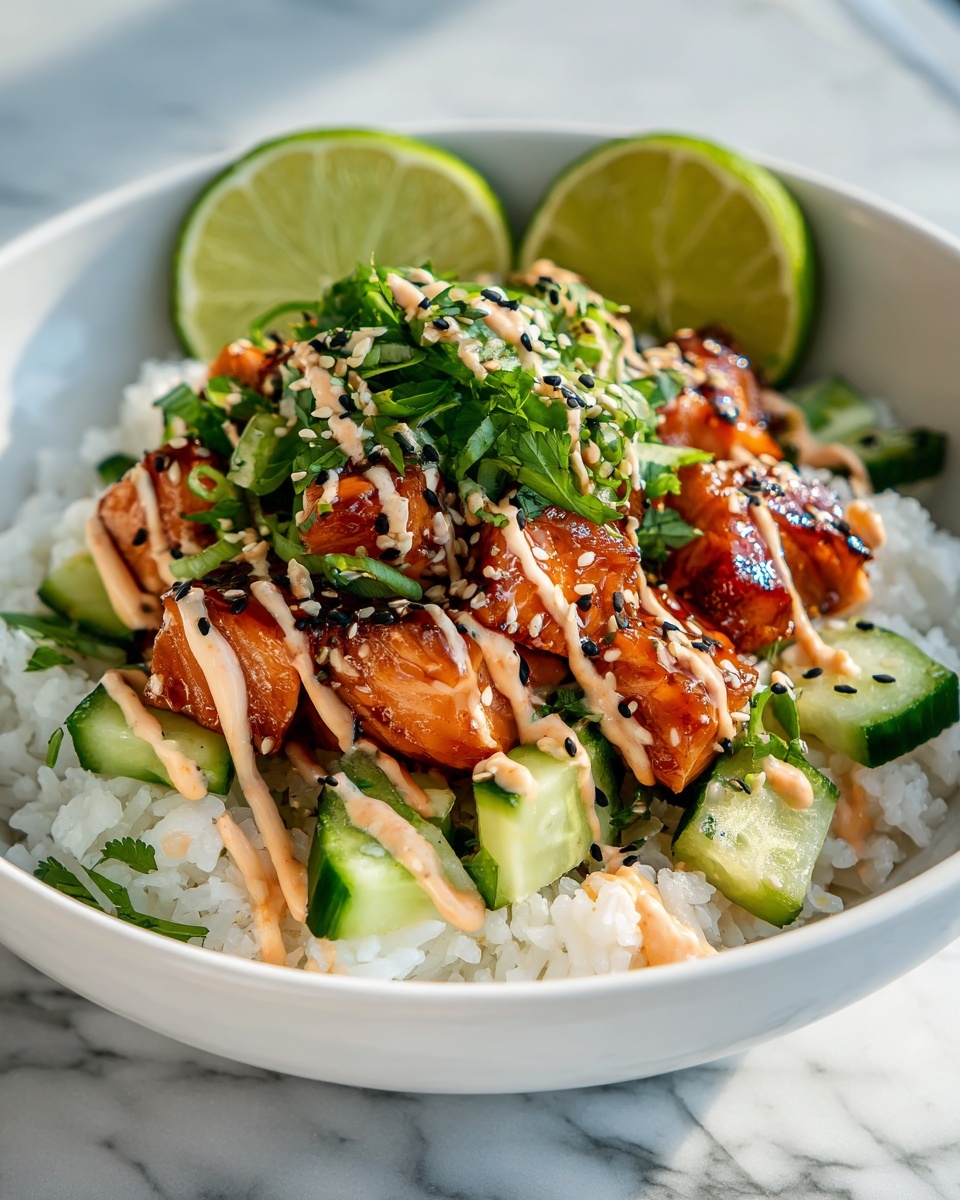 A large white serving bowl brimming with a vibrant poke bowl featuring an abundant array of grilled salmon cubes glazed with a shiny, flavorful sauce, generously mixed with fresh diced cucumber, chopped cilantro, sesame seeds, and a drizzle of creamy, spicy aioli. Bright lime wedges elegantly nestle against the mound of seasoned rice beneath, all arranged with impeccable food styling to showcase the full, uncut, and complete dish. The bowl is set on a pristine white marble kitchen countertop, illuminated by soft natural light streaming through nearby windows, presenting an indulgent and gourmet seafood feast in a high-end food photography style. REALISTIC STYLE IMAGE| TAGS: High-end food photography, clean composition, dramatic lighting, luxurious, elegant, mouth-watering, indulgent, gourmet | CAMERA: Nikon Z7 | FOCAL LENGTH: 50mm | SHOT TYPE: Close-up | COMPOSITION: 3/4 angle | LIGHTING: Soft directional light | PRODUCTION: Food Stylist | TIME: Daytime I LOCATION TYPE: Kitchen near windows --stylize 150 --ar 4:5