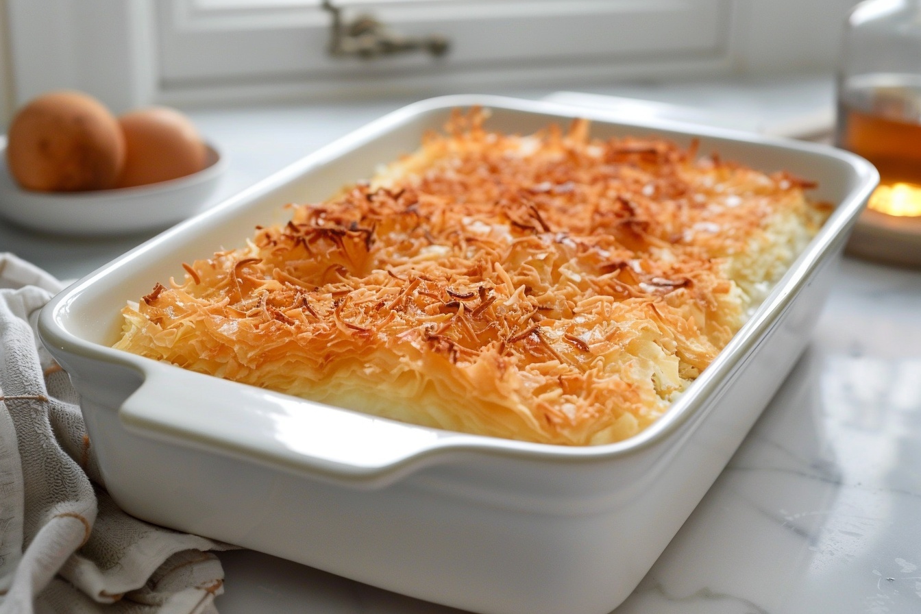 A whole golden-brown, crispy baked kunafa presented in a pristine white rectangular baking tray, showcasing its rich layers of finely shredded phyllo dough enveloping a luscious, gooey cheese filling beneath a perfectly toasted top crust sprinkled with toasted coconut flakes. The entire dessert sits elegantly on a white marble countertop bathed in natural daylight, styled to emphasize the dessert’s indulgent texture and inviting warmth, with a clean, minimalist kitchen background enhancing the vibrant, golden hues of the kunafa. REALISTIC STYLE IMAGE| TAGS: High-end food photography, clean composition, dramatic lighting, luxurious, elegant, mouth-watering, indulgent, gourmet | CAMERA: Nikon Z7 | FOCAL LENGTH: 50mm | SHOT TYPE: Close-up | COMPOSITION: 3/4 angle | LIGHTING: Soft directional light | PRODUCTION: Food Stylist | TIME: Daytime I LOCATION TYPE: Kitchen near windows --stylize 150 --ar 4:5