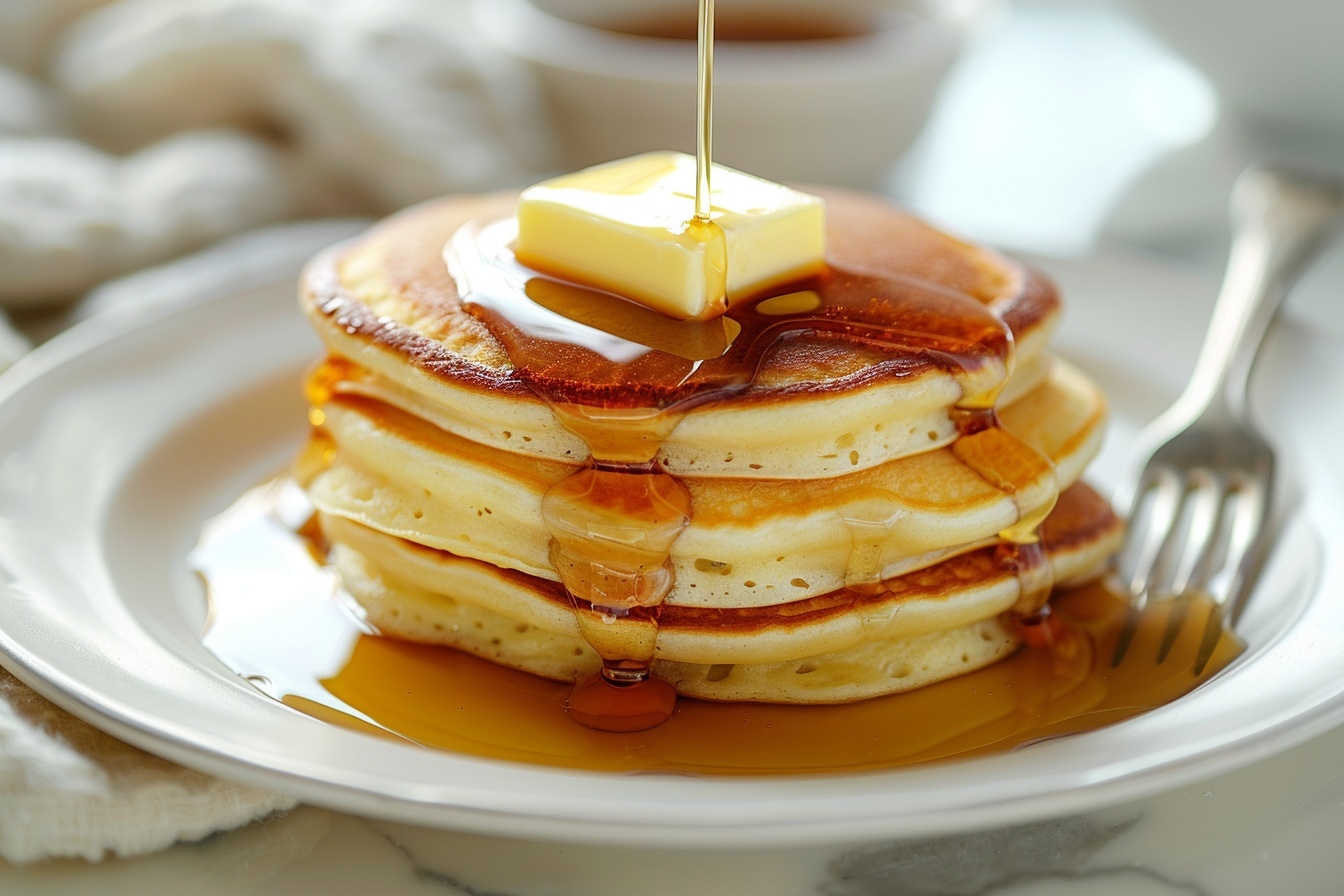 Large white plate stacked with an entire stack of golden, fluffy pancakes topped with a whole square of melting butter and glossy maple syrup drizzling down the sides, set against a pristine white marble kitchen countertop with natural soft directional daylight filtering in from the nearby window, captured from a 3/4 angle to emphasize the layers and texture, styled elegantly as a hero shot in a high-end food magazine setting, evoking indulgence and warmth. REALISTIC STYLE IMAGE| TAGS: High-end food photography, clean composition, dramatic lighting, luxurious, elegant, mouth-watering, indulgent, gourmet | CAMERA: Nikon Z7 | FOCAL LENGTH: 50mm | SHOT TYPE: Close-up | COMPOSITION: 3/4 angle | LIGHTING: Soft directional light | PRODUCTION: Food Stylist | TIME: Daytime I LOCATION TYPE: Kitchen near windows --stylize 150 --ar 4:5