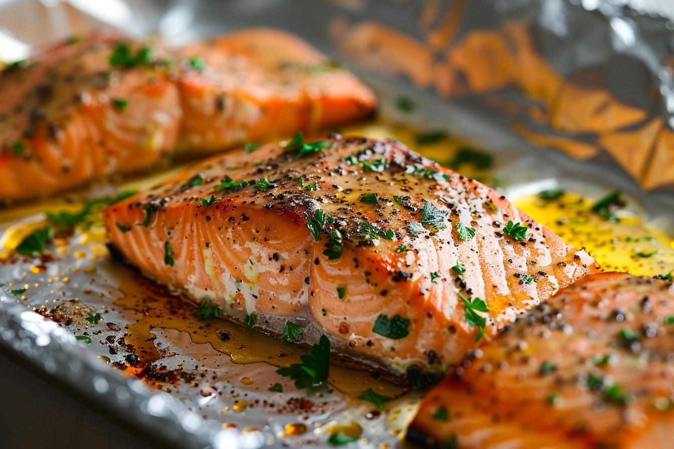 Full aluminum foil baking tray filled with a whole baked salmon fillet, its surface perfectly seasoned with cracked black pepper and fresh parsley leaves, glistening with buttery oil and browned edges, capturing the entire intact portion as it rests in its cooking juices, photographed from a 3/4 angle on a pristine white marble kitchen surface with natural soft directional daylight enhancing the vibrant orange and green hues, styled professionally like a gourmet food magazine hero shot, evoking luxurious and mouth-watering appeal, REALISTIC STYLE IMAGE| TAGS: High-end food photography, clean composition, dramatic lighting, luxurious, elegant, mouth-watering, indulgent, gourmet | CAMERA: Nikon Z7 | FOCAL LENGTH: 50mm | SHOT TYPE: Close-up | COMPOSITION: 3/4 angle | LIGHTING: Soft directional light | PRODUCTION: Food Stylist | TIME: Daytime I LOCATION TYPE: Kitchen near windows --stylize 150 --ar 4:5
