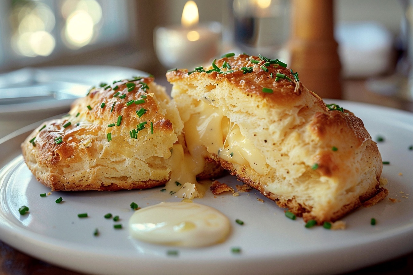 A pristine white oval ceramic serving tray heaped with a generous batch of fluffy golden cheddar and chive biscuits, each biscuit perfectly round with crispy, textured edges and flecks of fresh green chives throughout. The biscuits are arranged in a slightly overlapping, abundant pile, showcasing their rich, cheesy topping that glistens under natural daylight. The setting is a luminous white marble kitchen countertop, illuminated softly from a nearby window, emphasizing the inviting warmth and rustic comfort of the entire batch. The composition offers a gorgeous 3/4 angle close-up shot that captures every flaky layer and crumbly detail to evoke a mouth-watering and indulgent impression. REALISTIC STYLE IMAGE| TAGS: High-end food photography, clean composition, dramatic lighting, luxurious, elegant, mouth-watering, indulgent, gourmet | CAMERA: Nikon Z7 | FOCAL LENGTH: 50mm | SHOT TYPE: Close-up | COMPOSITION: 3/4 angle | LIGHTING: Soft directional light | PRODUCTION: Food Stylist | TIME: Daytime I LOCATION TYPE: Kitchen near windows --stylize 150 --ar 4:5