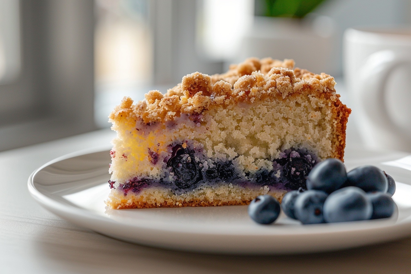 A whole, round blueberry crumb coffee cake displayed on a large white ceramic plate, featuring a golden-brown crumb topping generously scattered over the entire cake surface, with visible pockets of fresh blueberries throughout the dense, moist interior. The cake is perfectly intact, showcasing its full circular shape without any slices removed. Surrounding the cake, plump fresh blueberries add a vibrant touch. The scene is captured in a professional 3/4 angle shot on a white marble kitchen countertop, illuminated by soft natural daylight that highlights the crumb texture and rich blueberry hues, styled elegantly to evoke a mouth-watering and indulgent homemade dessert. REALISTIC STYLE IMAGE | TAGS: High-end food photography, clean composition, dramatic lighting, luxurious, elegant, mouth-watering, indulgent, gourmet | CAMERA: Nikon Z7 | FOCAL LENGTH: 50mm | SHOT TYPE: Close-up | COMPOSITION: 3/4 angle | LIGHTING: Soft directional light | PRODUCTION: Food Stylist | TIME: Daytime | LOCATION TYPE: Kitchen near windows --stylize 150 --ar 4:5