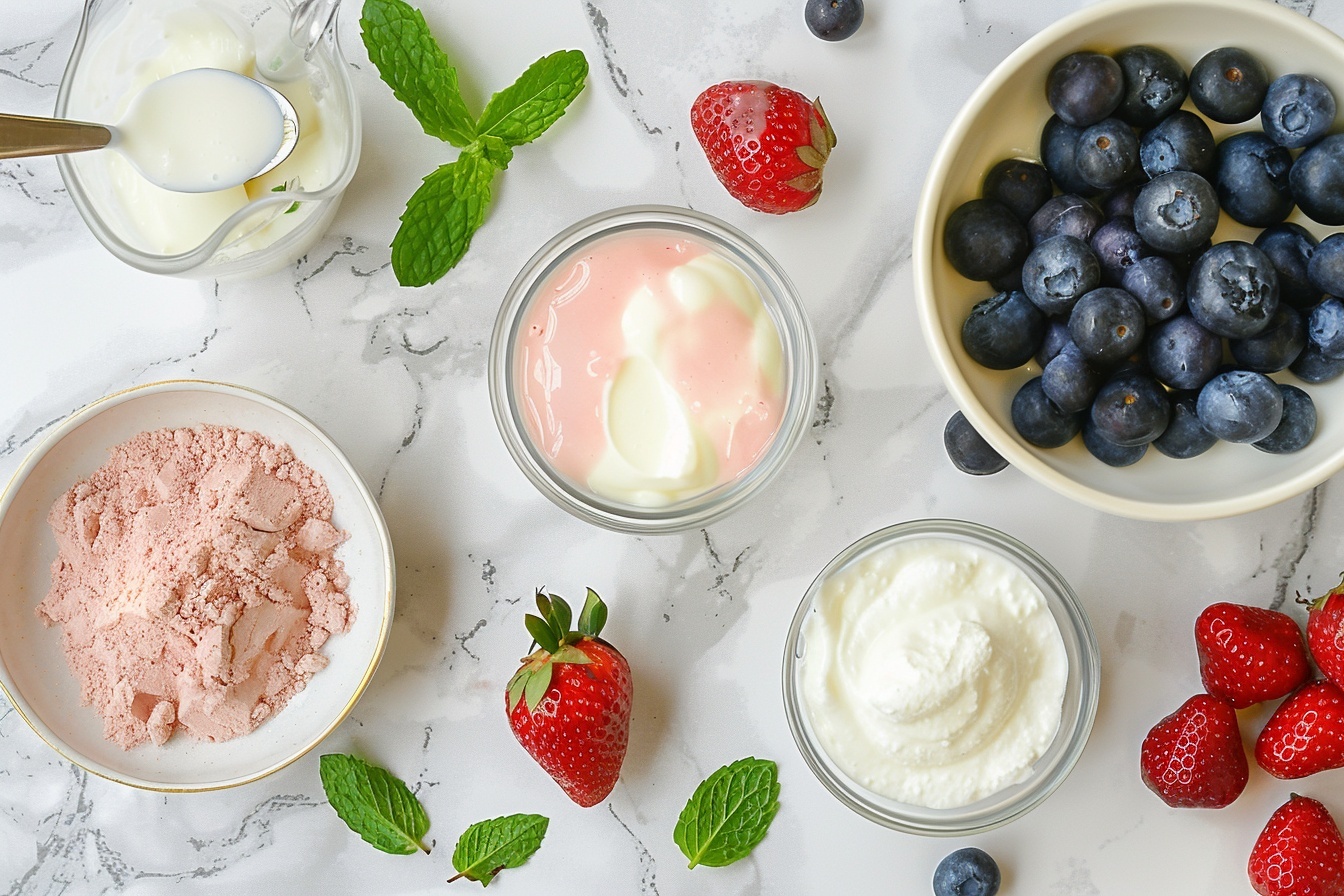 A large white ceramic serving tray filled with multiple perfectly piped cups of creamy pink strawberry mousse, each topped with a swirl of fresh whipped cream and a single ripe strawberry and blueberry, arranged in an elegant cluster to showcase the vibrant colors and smooth texture, set on a white marble countertop with natural daylight softly highlighting the glossy mousse and fresh berries, styled as a luxurious and indulgent dessert presentation, professional food styling photo. REALISTIC STYLE IMAGE| TAGS: High-end food photography, clean composition, dramatic lighting, luxurious, elegant, mouth-watering, indulgent, gourmet | CAMERA: Nikon Z7 | FOCAL LENGTH: 50mm | SHOT TYPE: Close-up | COMPOSITION: 3/4 angle | LIGHTING: Soft directional light | PRODUCTION: Food Stylist | TIME: Daytime I LOCATION TYPE: Kitchen near windows --stylize 150 --ar 4:5