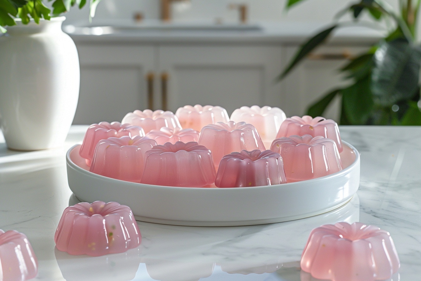 A pristine large white ceramic plate elegantly arranged with a full batch of small, smooth, translucent pink gelatin molds, each with a subtle glossy surface and delicate specks inside, showcasing their uniform petal-like shape from a 3/4 angle. The entire composition sits atop a white marble kitchen countertop, captured in natural soft directional daylight to emphasize the delicate textures and inviting translucency of the gelatin treats, styled by a professional food stylist to evoke a luxurious and indulgent dessert presentation. REALISTIC STYLE IMAGE| TAGS: High-end food photography, clean composition, dramatic lighting, luxurious, elegant, mouth-watering, indulgent, gourmet | CAMERA: Nikon Z7 | FOCAL LENGTH: 50mm | SHOT TYPE: Close-up | COMPOSITION: 3/4 angle | LIGHTING: Soft directional light | PRODUCTION: Food Stylist | TIME: Daytime I LOCATION TYPE: Kitchen near windows --stylize 150 --ar 4:5