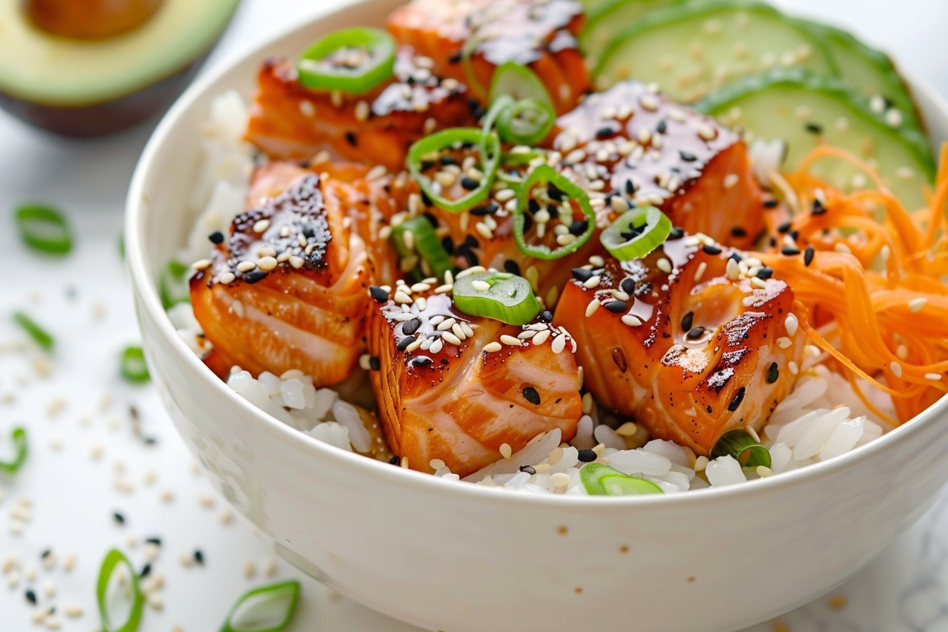 Large white ceramic serving bowl filled with an abundant salmon poke bowl spread, featuring perfectly cubed grilled salmon glazed with a glossy sauce, surrounded by fluffy white rice, neatly arranged fresh avocado slices, mashed avocado, crisp cucumber rounds, shredded vibrant orange carrots, and sprinkled sesame seeds and chopped scallions, impeccably styled on a white marble kitchen countertop under soft natural daylight, professional food styling and high-end gourmet presentation, photographed at a 3/4 angle for a mouth-watering, elegant appearance, emphasizing freshness and indulgence, complete dish in frame, hero food magazine shot. REALISTIC STYLE IMAGE| TAGS: High-end food photography, clean composition, dramatic lighting, luxurious, elegant, mouth-watering, indulgent, gourmet | CAMERA: Nikon Z7 | FOCAL LENGTH: 50mm | SHOT TYPE: Close-up | COMPOSITION: 3/4 angle | LIGHTING: Soft directional light | PRODUCTION: Food Stylist | TIME: Daytime I LOCATION TYPE: Kitchen near windows --stylize 150 --ar 4:5