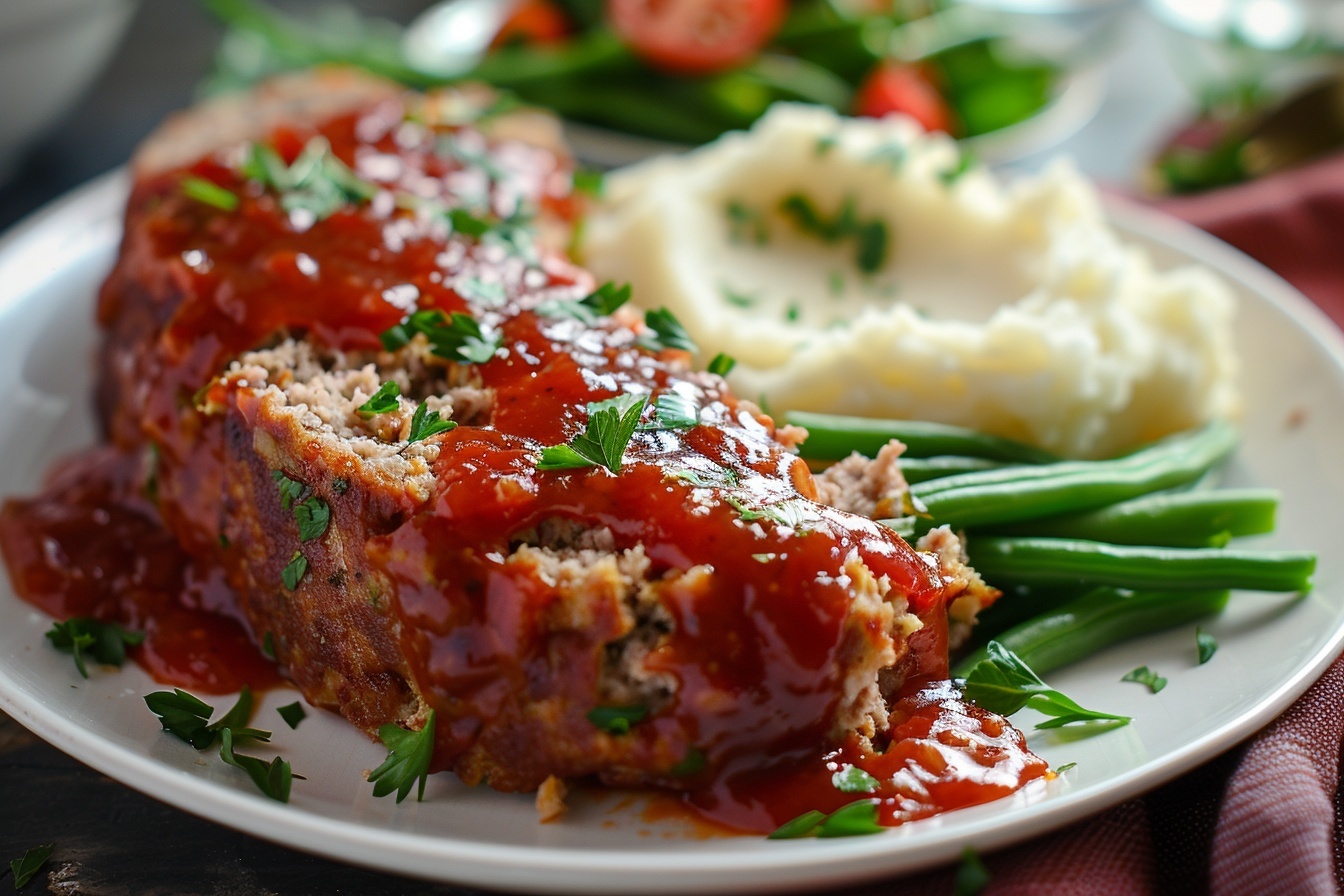 Moist Turkey Meatloaf Recipe 6 Large white rectangular baking dish filled with the entire savory meatloaf, topped with a glossy, rich tomato glaze evenly spread across the surface, sprinkled with finely chopped fresh parsley for a vibrant touch, cooked to perfection with a moist and tender texture visible from the uncut loaf, photographed from a 3/4 angle on a white marble kitchen countertop, natural soft directional daylight highlighting the appetizing sheen and texture, styled as a gourmet comfort food hero shot, professional food stylist involvement evident, daytime setting near kitchen windows. REALISTIC STYLE IMAGE| TAGS: High-end food photography, clean composition, dramatic lighting, luxurious, elegant, mouth-watering, indulgent, gourmet | CAMERA: Nikon Z7 | FOCAL LENGTH: 50mm | SHOT TYPE: Close-up | COMPOSITION: 3/4 angle | LIGHTING: Soft directional light | PRODUCTION: Food Stylist | TIME: Daytime I LOCATION TYPE: Kitchen near windows --stylize 150 --ar 4:5