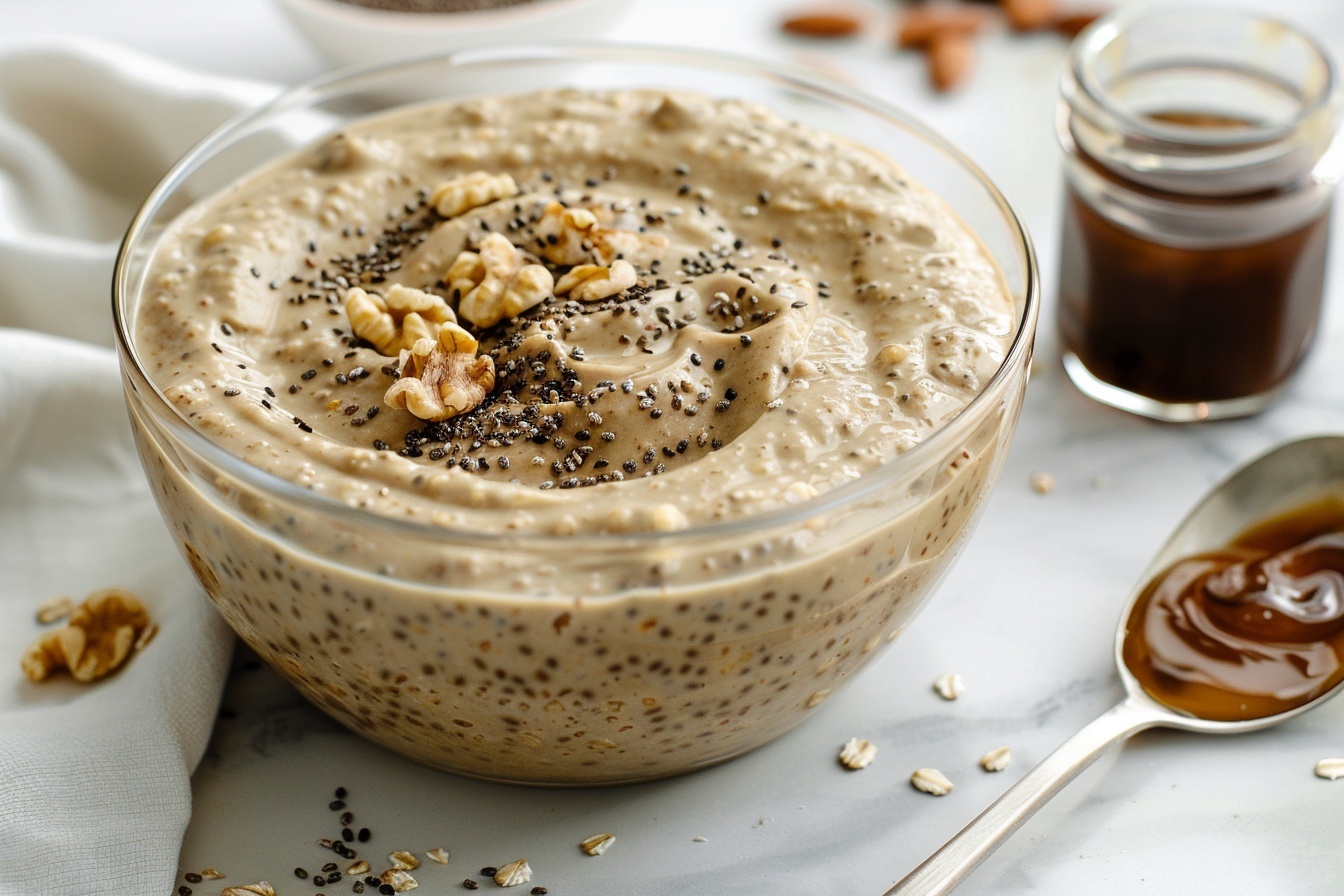 A large white ceramic bowl filled to the brim with creamy, rich peanut butter mousse, impeccably smooth with a light, airy texture and generously topped with an abundant sprinkling of whole and chopped dark chocolate chips that add a contrasting texture and deep flavor. The whole bowl is captured in a professional 3/4 angle shot on a pristine white marble kitchen countertop, illuminated by soft directional natural daylight from nearby windows, styled to emphasize the luxurious and indulgent nature of the dessert, evoking a mouth-watering, gourmet feel perfect for a high-end food magazine. REALISTIC STYLE IMAGE| TAGS: High-end food photography, clean composition, dramatic lighting, luxurious, elegant, mouth-watering, indulgent, gourmet | CAMERA: Nikon Z7 | FOCAL LENGTH: 50mm | SHOT TYPE: Close-up | COMPOSITION: 3/4 angle | LIGHTING: Soft directional light | PRODUCTION: Food Stylist | TIME: Daytime I LOCATION TYPE: Kitchen near windows --stylize 150 --ar 4:5