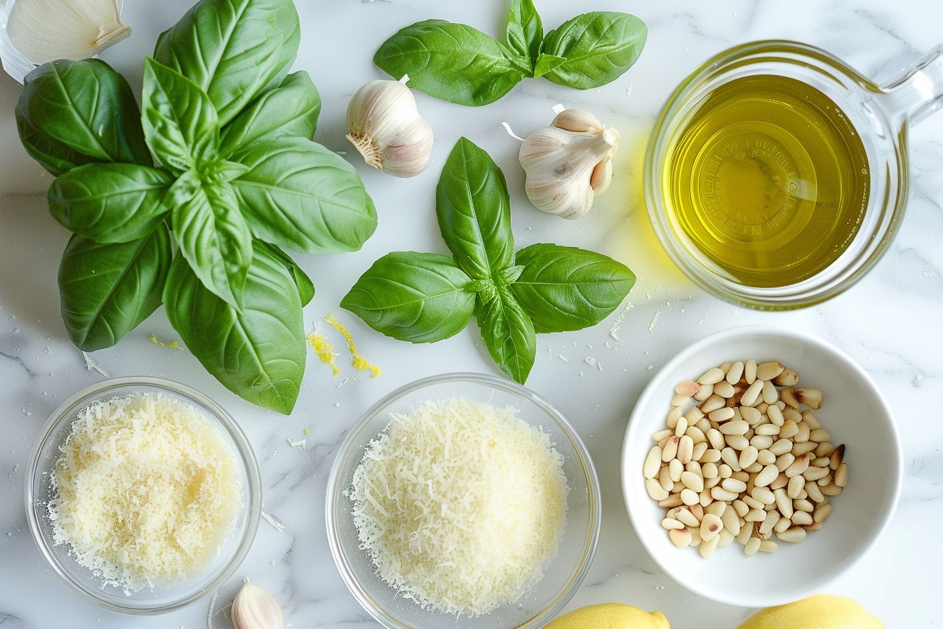 A single white ramekin filled with a generous serving of vibrant green pesto sauce with visible texture from finely chopped basil, pine nuts, and grated Parmesan, a small drizzle of olive oil glistening on top, accompanied by a fresh basil sprig garnish resting beside the ramekin on a white marble surface, close-up 3/4 angle highlighting the rich, coarse consistency and rich color under soft natural light, styled elegantly as a gourmet condiment ready to enhance a meal, photographed with a Nikon Z7 for a high-end food blog presentation. REALISTIC STYLE IMAGE| TAGS: High-end food photography, clean composition, dramatic lighting, luxurious, elegant, mouth-watering, indulgent, gourmet | CAMERA: Nikon Z7 | FOCAL LENGTH: 50mm | SHOT TYPE: Close-up | COMPOSITION: 3/4 angle | LIGHTING: Soft directional light | PRODUCTION: Food Stylist | TIME: Daytime I LOCATION TYPE: Kitchen near windows --stylize 150  --ar 4:5