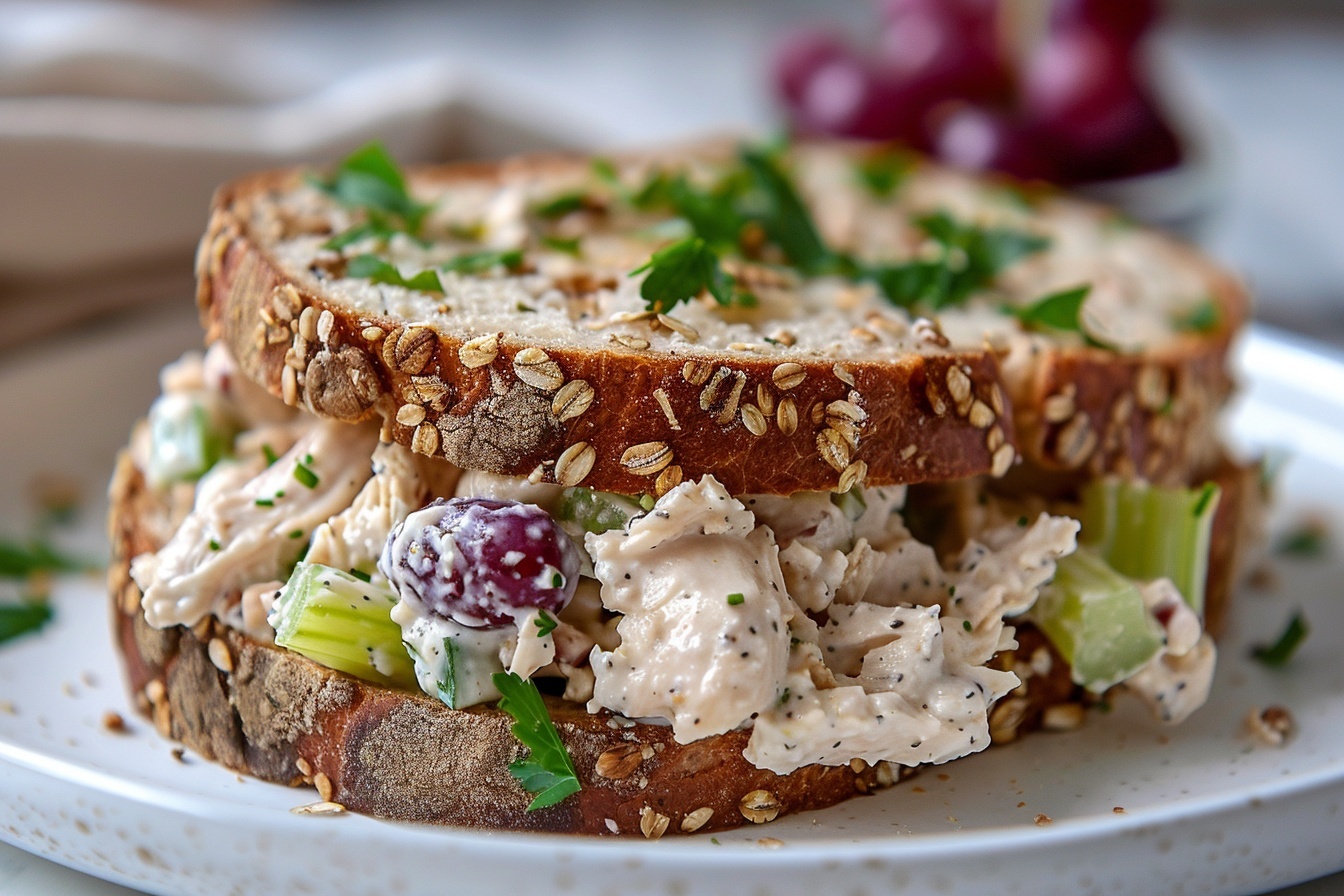 Large white ceramic serving bowl filled with a generous portion of classic chicken salad composed of shredded chicken, crisp chopped celery, whole red grapes, and crunchy pecans, all blended in a creamy mayo-based dressing interspersed with fresh green lettuce pieces, presented as a full, unserved dish on a white marble kitchen countertop, captured in a professional 3/4 angle shot that highlights the fresh ingredients and textures, natural soft directional daylight illuminating the scene, styled by a food professional to emphasize an indulgent and gourmet appeal, perfect for an elegant luncheon spread, REALISTIC STYLE IMAGE| TAGS: High-end food photography, clean composition, dramatic lighting, luxurious, elegant, mouth-watering, indulgent, gourmet | CAMERA: Nikon Z7 | FOCAL LENGTH: 50mm | SHOT TYPE: Close-up | COMPOSITION: 3/4 angle | LIGHTING: Soft directional light | PRODUCTION: Food Stylist | TIME: Daytime I LOCATION TYPE: Kitchen near windows --stylize 150 --ar 4:5