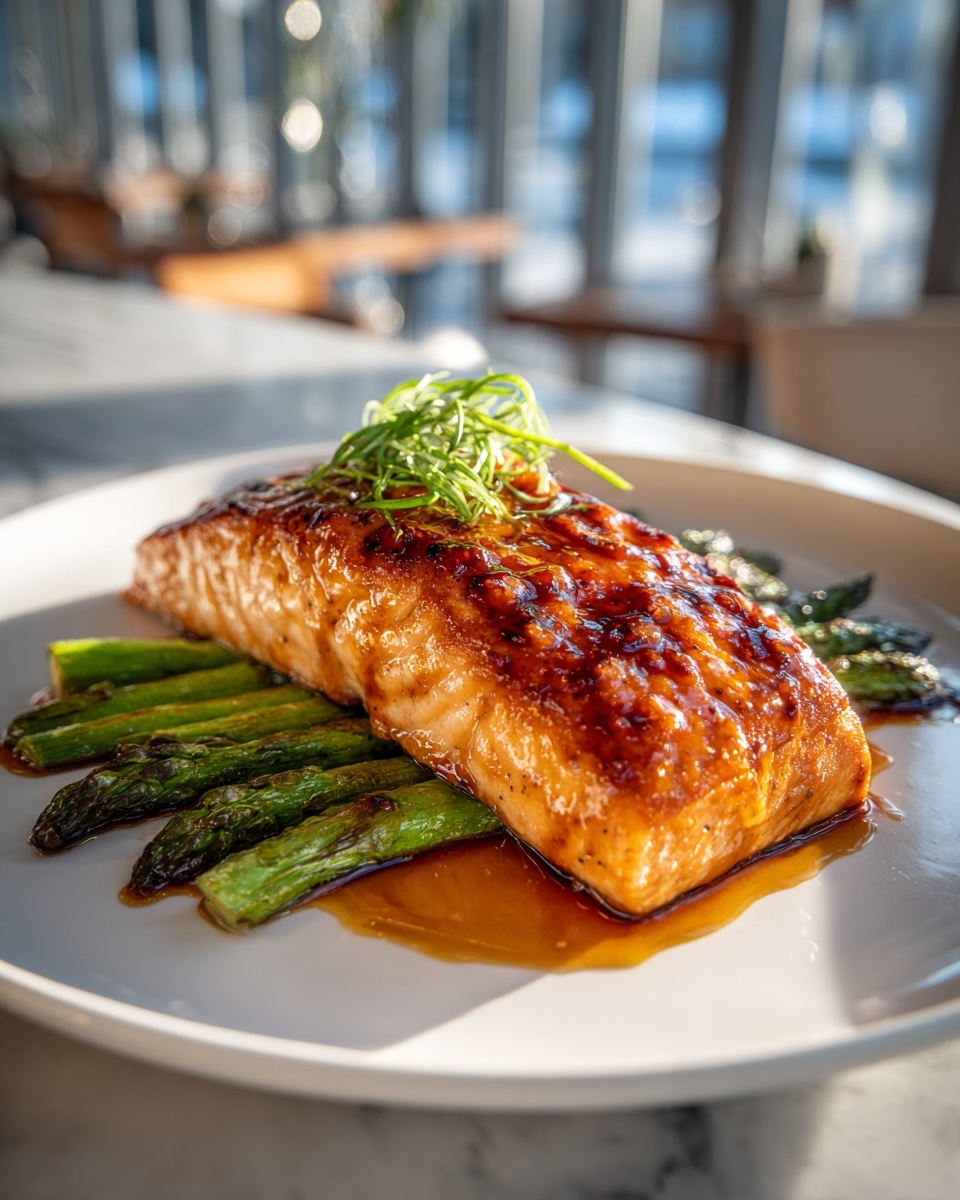 A whole white rectangular baking dish filled with a large portion of glazed salmon fillets, each piece perfectly roasted and covered in a shiny, rich teriyaki sauce, garnished with fresh green scallions and toasted sesame seeds. The fillets are neatly arranged in the container, accompanied by whole roasted asparagus spears on the side, all presented on a white marble kitchen countertop. The image is captured in a professional 3/4 angle shot with natural soft directional daylight illuminating the dish to highlight the glossy textures and vibrant colors, styled elegantly like a high-end food magazine hero shot. REALISTIC STYLE IMAGE| TAGS: High-end food photography, clean composition, dramatic lighting, luxurious, elegant, mouth-watering, indulgent, gourmet | CAMERA: Nikon Z7 | FOCAL LENGTH: 50mm | SHOT TYPE: Close-up | COMPOSITION: 3/4 angle | LIGHTING: Soft directional light | PRODUCTION: Food Stylist | TIME: Daytime I LOCATION TYPE: Kitchen near windows --stylize 150 --ar 4:5