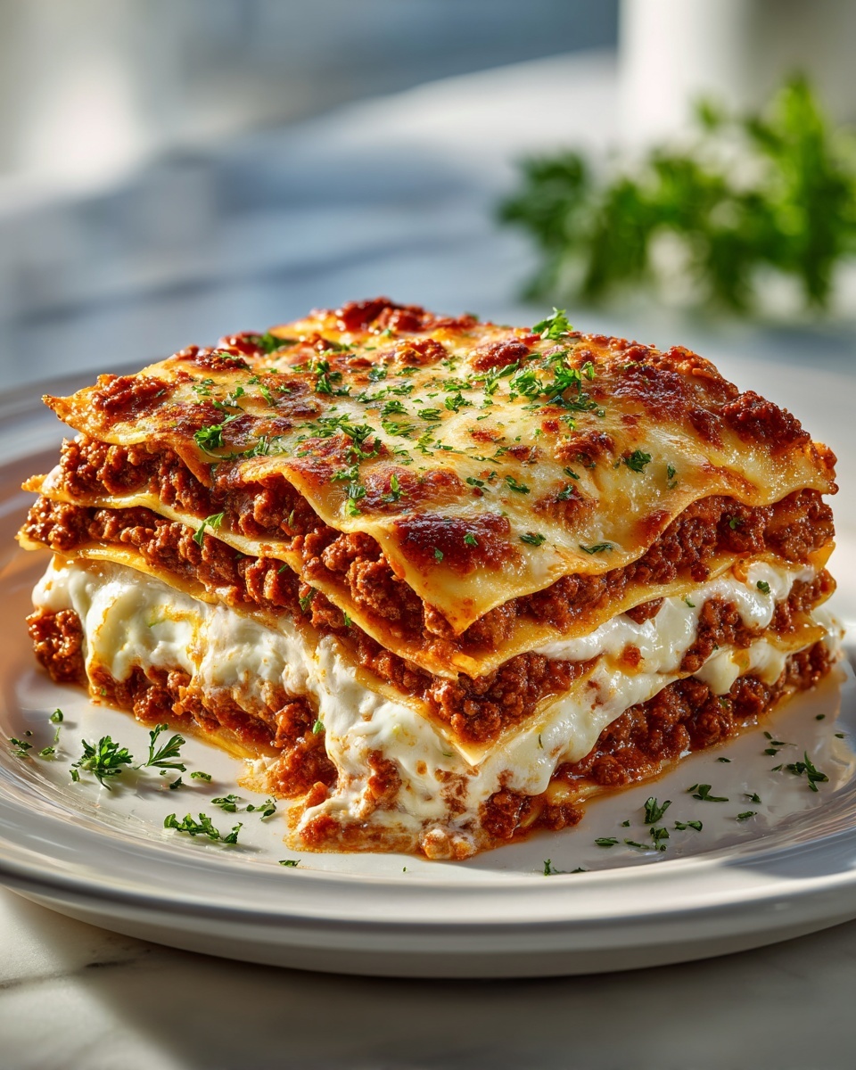 Large white rectangular ceramic baking dish filled with a full portion of classic homemade lasagna, layers of rich meat sauce, creamy ricotta cheese, tender pasta sheets, and bubbling melted mozzarella cheese perfectly browned on top, sprinkled with fresh finely chopped parsley, shot at a 3/4 angle on a white marble kitchen countertop, natural soft directional lighting creating a luxurious and mouth-watering gourmet presentation, styled like a hero shot from a high-end food magazine, inviting and indulgent REALISTIC STYLE IMAGE| TAGS: High-end food photography, clean composition, dramatic lighting, luxurious, elegant, mouth-watering, indulgent, gourmet | CAMERA: Nikon Z7 | FOCAL LENGTH: 50mm | SHOT TYPE: Close-up | COMPOSITION: 3/4 angle | LIGHTING: Soft directional light | PRODUCTION: Food Stylist | TIME: Daytime I LOCATION TYPE: Kitchen near windows --stylize 150 --ar 4:5