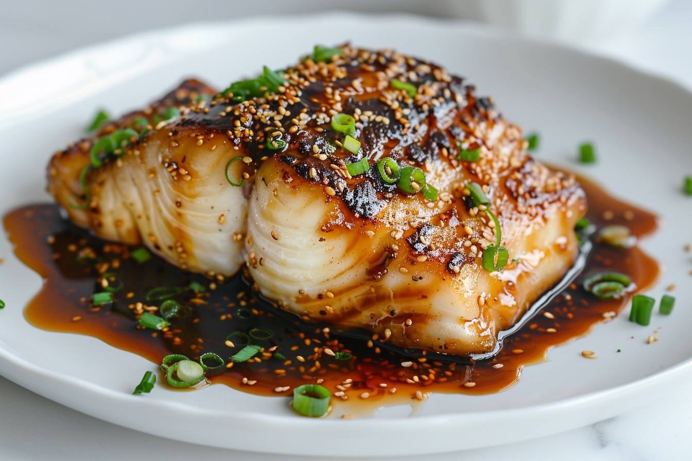 Ginger Soy Cod Recipe 6 Large white rectangular platter showcasing an entire portion of glazed, oven-baked cod fillets arranged neatly side by side, each piece glistening with a rich, savory soy-based sauce infused with toasted sesame seeds and finely chopped scallions scattered generously on top, the whole dish captured in a professional 3/4 angle shot on a white marble kitchen countertop with soft natural lighting highlighting the delicate flaky texture of the fish, styled for a luxurious gourmet presentation. REALISTIC STYLE IMAGE| TAGS: High-end food photography, clean composition, dramatic lighting, luxurious, elegant, mouth-watering, indulgent, gourmet | CAMERA: Nikon Z7 | FOCAL LENGTH: 50mm | SHOT TYPE: Close-up | COMPOSITION: 3/4 angle | LIGHTING: Soft directional light | PRODUCTION: Food Stylist | TIME: Daytime I LOCATION TYPE: Kitchen near windows --stylize 150 --ar 4:5