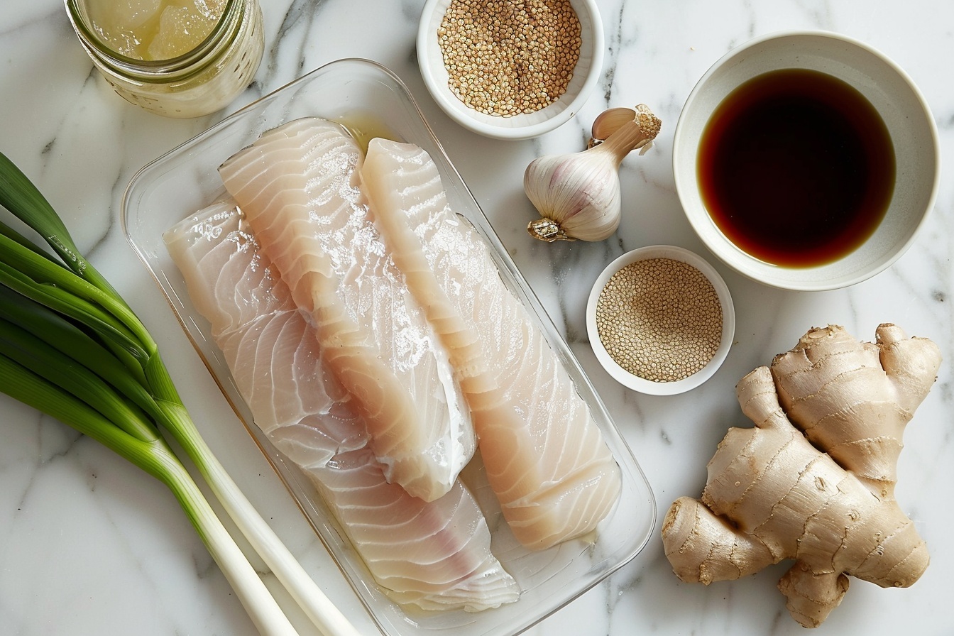 Ginger Soy Cod Recipe 5 Single white plate featuring one perfectly cooked portion of glazed cod fish, with a glossy, rich soy-based sauce cascading over the tender, flaky layers of the fish, sprinkled generously with toasted sesame seeds and sliced green onions for freshness, the texture of the moist, delicate fish clearly visible, photographed close-up with an angled 3/4 view to highlight the intricate layers and vibrant garnishes, placed on a pristine white marble surface under soft natural daylight, styled elegantly as a gourmet indulgent dish ready to be savored. REALISTIC STYLE IMAGE| TAGS: High-end food photography, clean composition, dramatic lighting, luxurious, elegant, mouth-watering, indulgent, gourmet | CAMERA: Nikon Z7 | FOCAL LENGTH: 50mm | SHOT TYPE: Close-up | COMPOSITION: 3/4 angle | LIGHTING: Soft directional light | PRODUCTION: Food Stylist | TIME: Daytime I LOCATION TYPE: Kitchen near windows --stylize 150 --ar 4:5