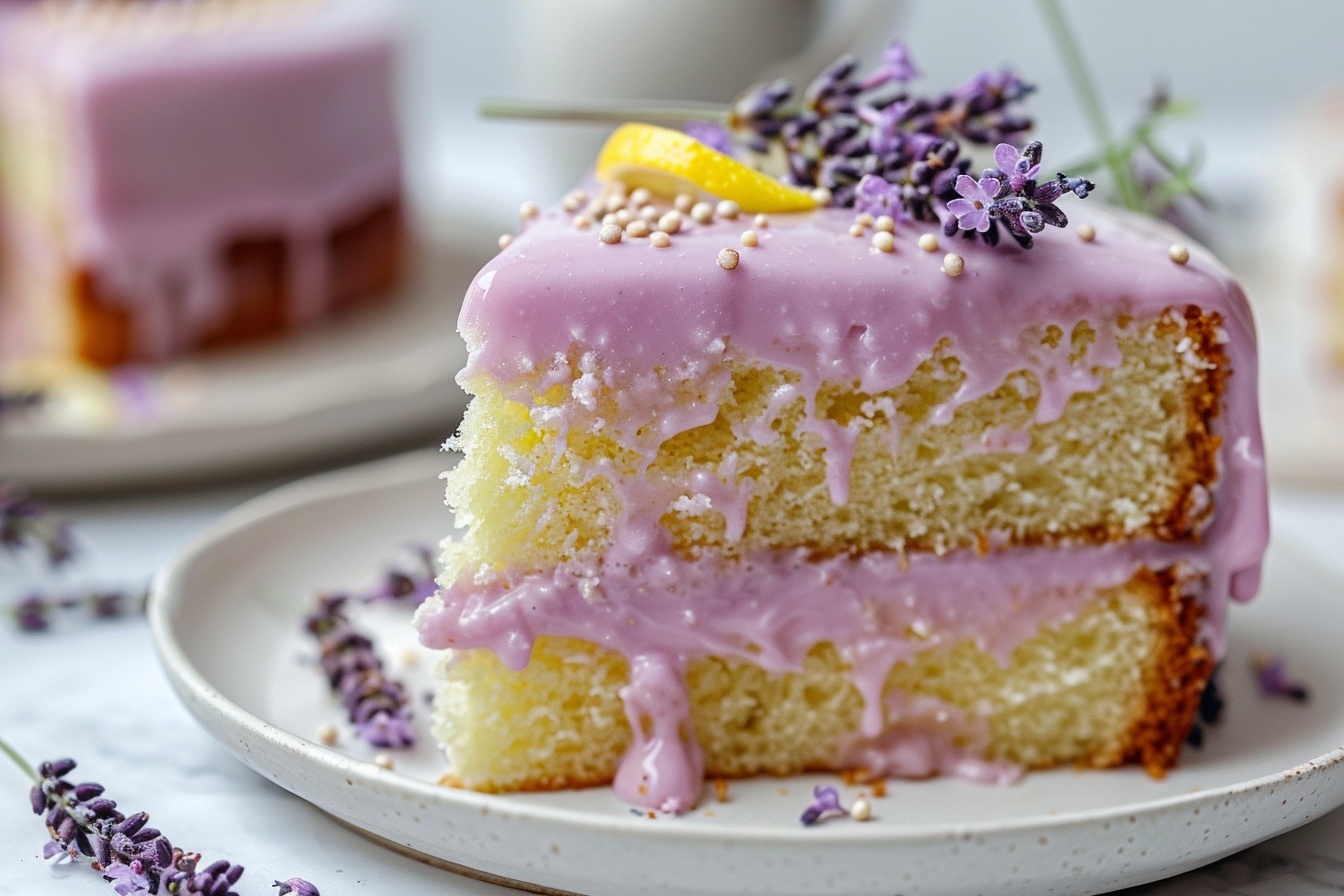 A whole, round lavender-glazed cake presented on a large white ceramic plate, the smooth purple icing dripping elegantly down the sides, topped lavishly with fresh purple edible flowers, sprigs of lavender, and bright yellow lemon zest scattered artfully across the surface, all captured in a professional 3/4 angle close-up shot on a white marble kitchen countertop with natural daylight streaming through windows, styled to highlight the luxurious, delicate, and mouth-watering appearance of the complete cake, evoking a gourmet and indulgent dessert experience. REALISTIC STYLE IMAGE| TAGS: High-end food photography, clean composition, dramatic lighting, luxurious, elegant, mouth-watering, indulgent, gourmet | CAMERA: Nikon Z7 | FOCAL LENGTH: 50mm | SHOT TYPE: Close-up | COMPOSITION: 3/4 angle | LIGHTING: Soft directional light | PRODUCTION: Food Stylist | TIME: Daytime I LOCATION TYPE: Kitchen near windows --stylize 150 --ar 4:5