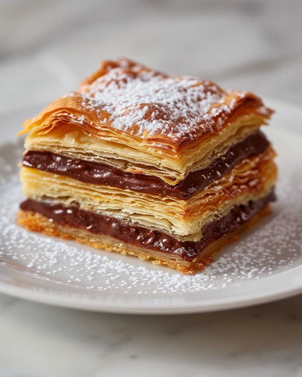 A whole golden-brown rectangular puff pastry filled with a thick layer of smooth, glossy dark chocolate ganache, topped with a light dusting of powdered sugar across the flaky, crisp layers, presented on a large white ceramic plate. The entire uncut chocolate puff pastry is perfectly baked with visible delicate layers and a shiny surface, photographed at a 3/4 angle on a white marble kitchen countertop with soft natural light highlighting its texture and richness, styled to emphasize an indulgent and gourmet dessert experience. REALISTIC STYLE IMAGE| TAGS: High-end food photography, clean composition, dramatic lighting, luxurious, elegant, mouth-watering, indulgent, gourmet | CAMERA: Nikon Z7 | FOCAL LENGTH: 50mm | SHOT TYPE: Close-up | COMPOSITION: 3/4 angle | LIGHTING: Soft directional light | PRODUCTION: Food Stylist | TIME: Daytime I LOCATION TYPE: Kitchen near windows --stylize 150 --ar 4:5