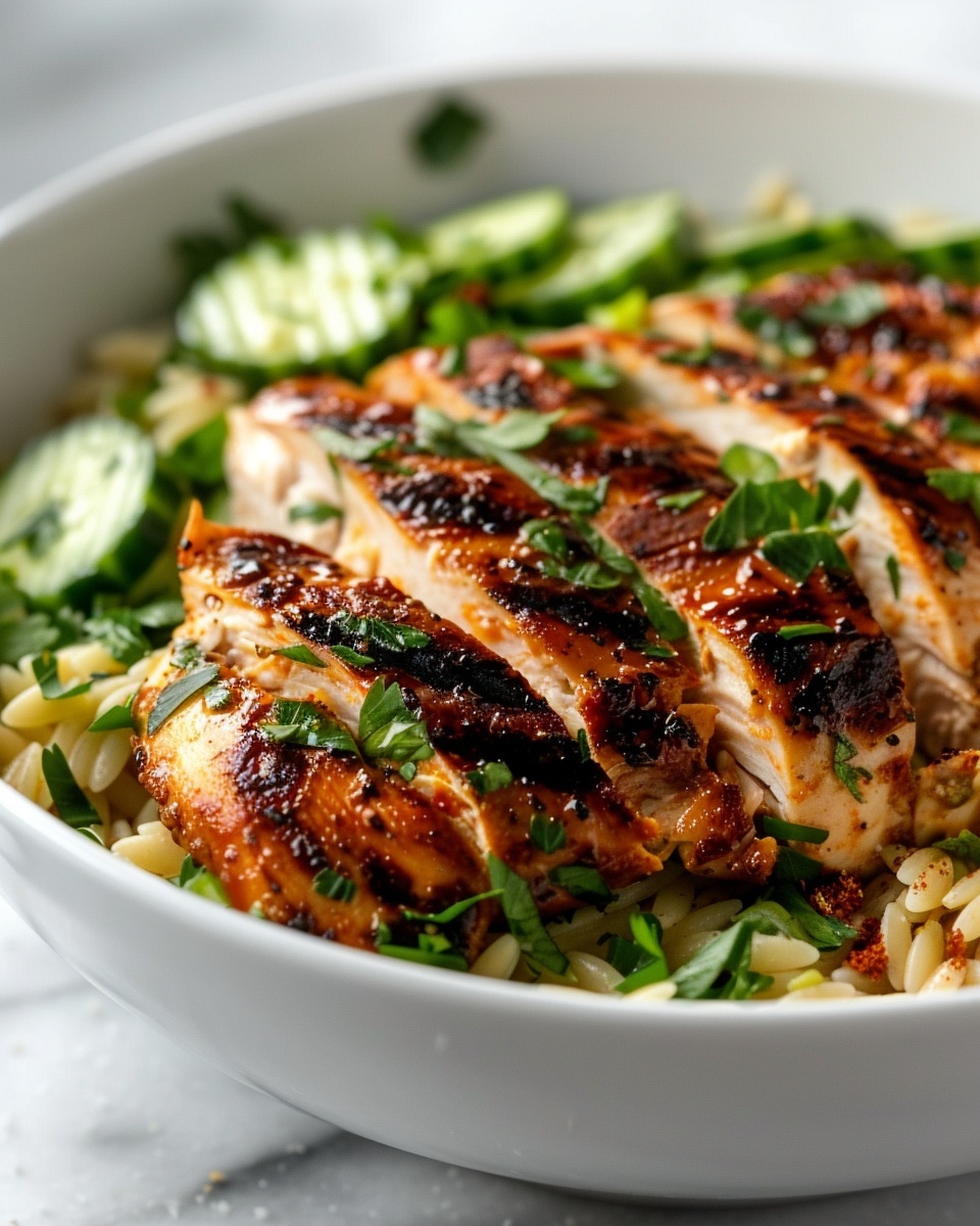 Grilled Chicken Orzo Salad: A Vibrant Summer Meal Recipe 6 Large white serving bowl filled with a vibrant grilled chicken orzo salad, showcasing multiple pieces of perfectly charred, juicy chicken chunks on a bed of tender orzo pasta, surrounded by fresh, crisp cucumber chunks and scattered with chopped green herbs. The entire bowl is presented on a polished white marble kitchen countertop, illuminated by soft natural daylight streaming through nearby windows. Styled meticulously by a professional food stylist, this inviting and colorful dish is captured from a 3/4 angle that highlights its fresh ingredients and gourmet appeal. REALISTIC STYLE IMAGE| TAGS: High-end food photography, clean composition, dramatic lighting, luxurious, elegant, mouth-watering, indulgent, gourmet | CAMERA: Nikon Z7 | FOCAL LENGTH: 50mm | SHOT TYPE: Close-up | COMPOSITION: 3/4 angle | LIGHTING: Soft directional light | PRODUCTION: Food Stylist | TIME: Daytime I LOCATION TYPE: Kitchen near windows --stylize 150 --ar 4:5