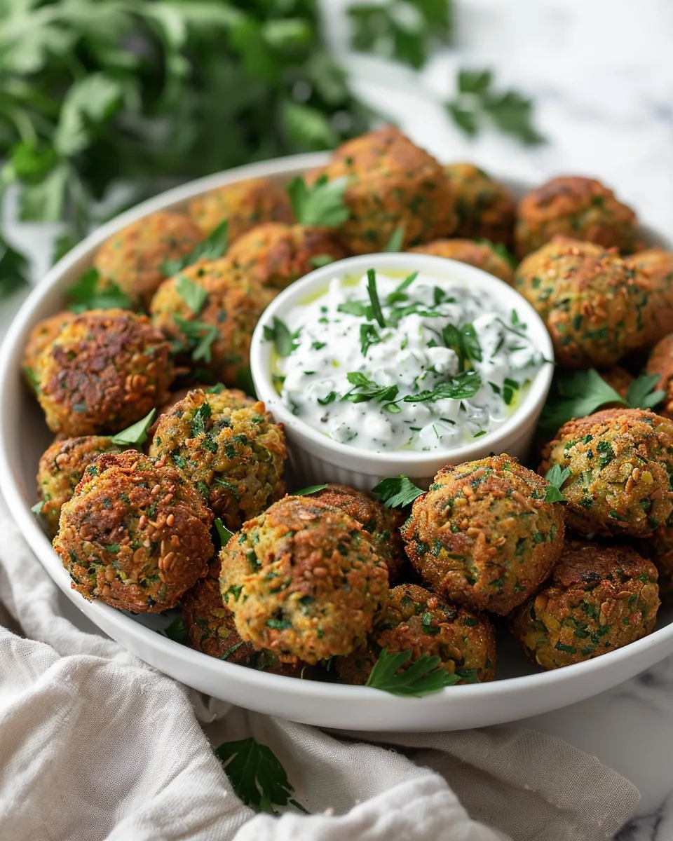 Large white serving bowl filled to the brim with an abundant arrangement of golden-brown lentil and herb falafel balls, each perfectly round and crisped to a light char, surrounding a central white ceramic bowl of creamy herb-studded tzatziki sauce, all presented on a pristine white marble kitchen countertop, illuminated by soft natural daylight streaming from nearby windows, capturing the rich textures and vibrant colors in a professional gourmet food magazine style. REALISTIC STYLE IMAGE| TAGS: High-end food photography, clean composition, dramatic lighting, luxurious, elegant, mouth-watering, indulgent, gourmet | CAMERA: Nikon Z7 | FOCAL LENGTH: 50mm | SHOT TYPE: Close-up | COMPOSITION: 3/4 angle | LIGHTING: Soft directional light | PRODUCTION: Food Stylist | TIME: Daytime I LOCATION TYPE: Kitchen near windows --stylize 150 --ar 4:5