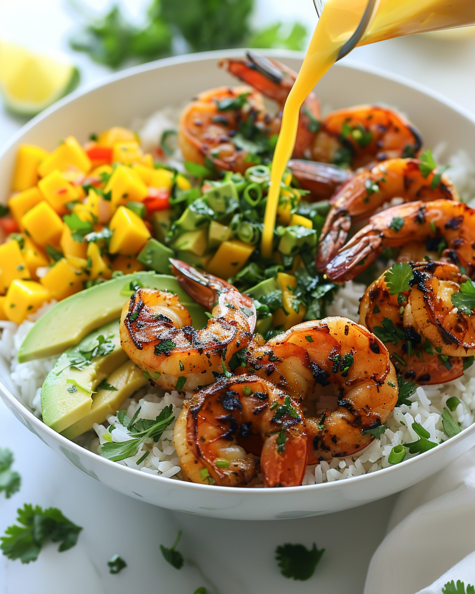 Mediterranean Shrimp and Avocado Bowls with Mango Salsa & Lime-Chili Sauce Recipe