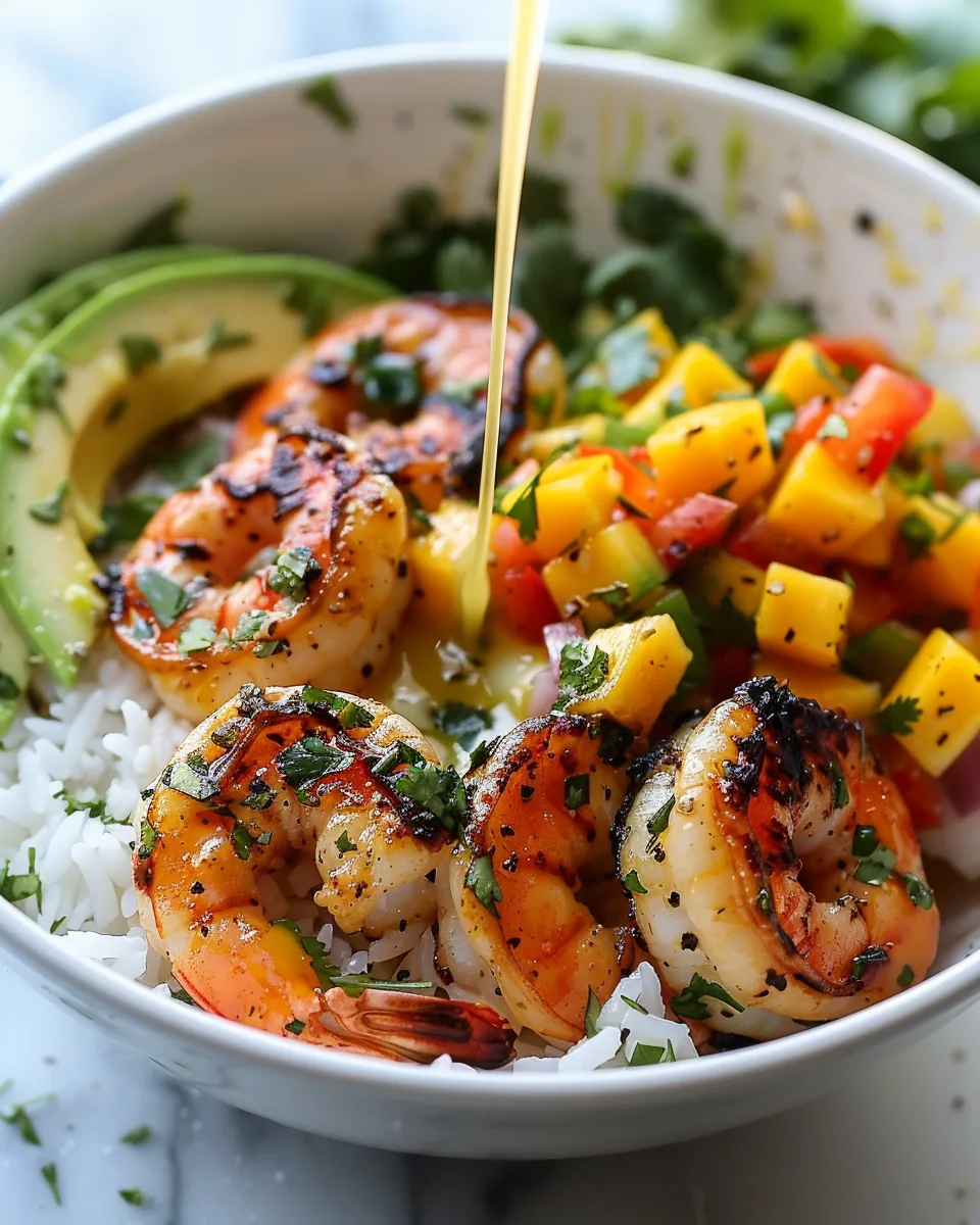 Mediterranean Shrimp and Avocado Bowls with Mango Salsa & Lime-Chili Sauce Recipe 6 A large white bowl filled with multiple juicy, perfectly grilled shrimp resting on a bed of fluffy white rice, surrounded by neatly arranged vibrant yellow mango salsa, fresh green avocado slices fanned out elegantly, and finely chopped herbs sprinkled on top. Creamy, herb-infused sauce is being poured generously over the shrimp, adding a luscious finishing touch. The whole bowl showcases a colorful and fresh seafood dish, captured from a 3/4 angle with soft natural light highlighting the glistening textures, on a pristine white marble kitchen surface, styled to perfection as a magazine hero shot. REALISTIC STYLE IMAGE| TAGS: High-end food photography, clean composition, dramatic lighting, luxurious, elegant, mouth-watering, indulgent, gourmet | CAMERA: Nikon Z7 | FOCAL LENGTH: 50mm | SHOT TYPE: Close-up | COMPOSITION: 3/4 angle | LIGHTING: Soft directional light | PRODUCTION: Food Stylist | TIME: Daytime I LOCATION TYPE: Kitchen near windows --stylize 150 --ar 4:5