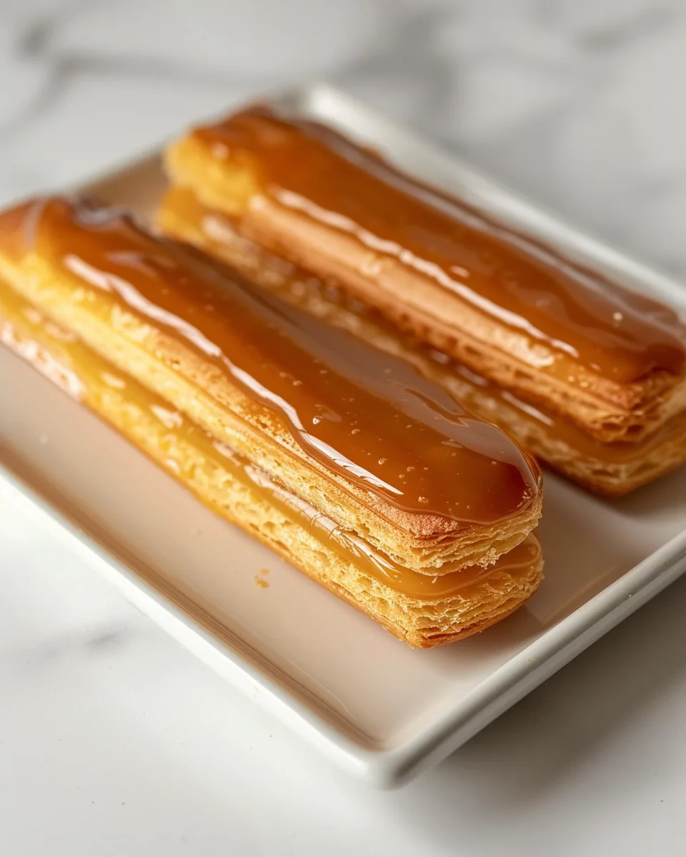 Caramel Crémeux Recipe 4 A large white oval ceramic serving tray filled with a neatly arranged stack of golden-brown éclairs fresh from the bakery, each éclair generously topped with smooth, shiny caramel glaze that catches the soft natural light, perfectly showcasing their uniform, plump shape and delicate pastry texture. The éclairs are aligned in rows to present the complete batch in a beautifully indulgent and inviting manner. The background features a clean white marble countertop bathed in soft directional daylight near a kitchen window, creating an elegant, luxurious atmosphere. REALISTIC STYLE IMAGE| TAGS: High-end food photography, clean composition, dramatic lighting, luxurious, elegant, mouth-watering, indulgent, gourmet | CAMERA: Nikon Z7 | FOCAL LENGTH: 50mm | SHOT TYPE: Close-up | COMPOSITION: 3/4 angle | LIGHTING: Soft directional light | PRODUCTION: Food Stylist | TIME: Daytime I LOCATION TYPE: Kitchen near windows --stylize 150 --ar 4:5