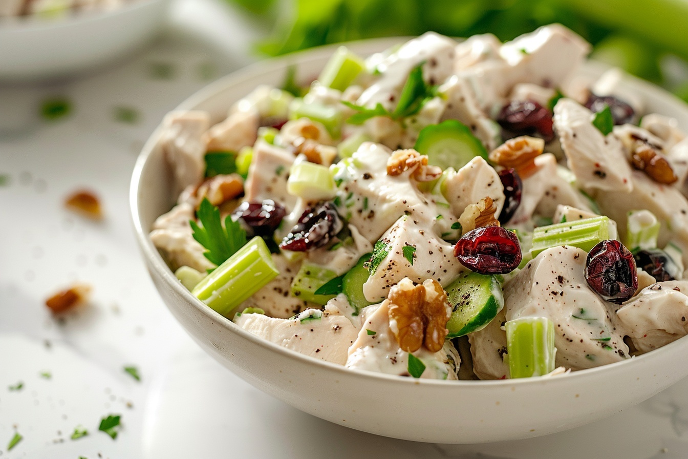 Large white ceramic bowl filled with a generous serving of creamy chicken salad mixed with crisp celery, dried cranberries, and crunchy pecans, the whole dish shown in a clean, elegant arrangement on a white marble countertop, with natural daylight softly illuminating the textures and colors, styled like a professional food magazine hero shot, emphasizing freshness and indulgence. REALISTIC STYLE IMAGE| TAGS: High-end food photography, clean composition, dramatic lighting, luxurious, elegant, mouth-watering, indulgent, gourmet | CAMERA: Nikon Z7 | FOCAL LENGTH: 50mm | SHOT TYPE: Close-up | COMPOSITION: 3/4 angle | LIGHTING: Soft directional light | PRODUCTION: Food Stylist | TIME: Daytime I LOCATION TYPE: Kitchen near windows --stylize 150 --ar 4:5
