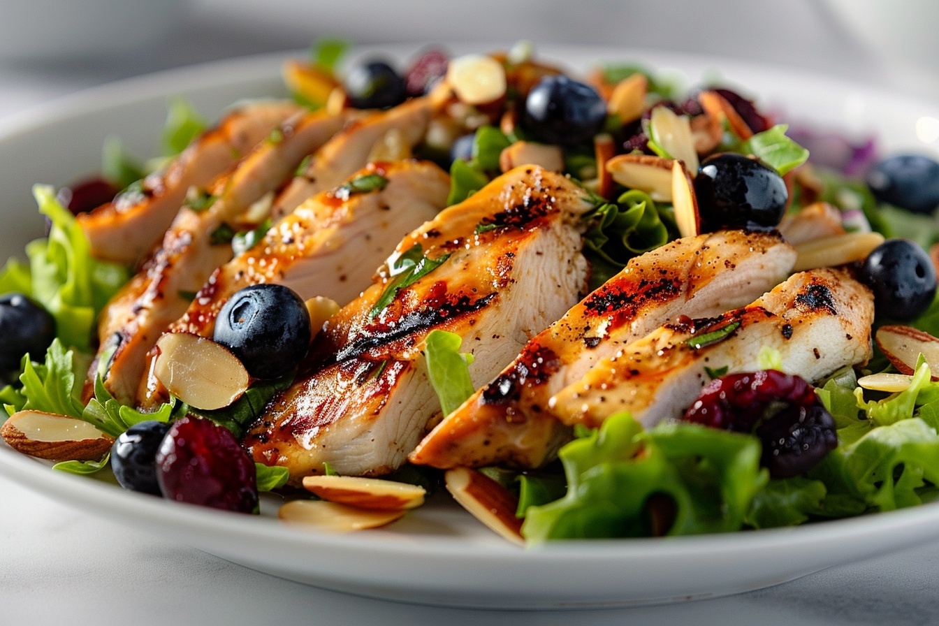 A large white ceramic bowl filled with multiple servings of fresh salad featuring a vibrant mix of leafy greens, juicy blueberries, sliced grilled chicken strips, dried cranberries, and whole almonds evenly distributed throughout. The salad is arranged attractively to showcase the colorful ingredients and textural contrast, with a slight drizzle of balsamic glaze artfully applied over the whole bowl. The scene is captured with a 3/4 angle close-up shot, placed on a pristine white marble kitchen countertop, illuminated by soft natural daylight filtering through nearby windows, styled by a professional food stylist to create a luxurious and mouth-watering presentation. REALISTIC STYLE IMAGE | TAGS: High-end food photography, clean composition, dramatic lighting, luxurious, elegant, mouth-watering, indulgent, gourmet | CAMERA: Nikon Z7 | FOCAL LENGTH: 50mm | SHOT TYPE: Close-up | COMPOSITION: 3/4 angle | LIGHTING: Soft directional light | PRODUCTION: Food Stylist | TIME: Daytime | LOCATION TYPE: Kitchen near windows --stylize 150 --ar 4:5