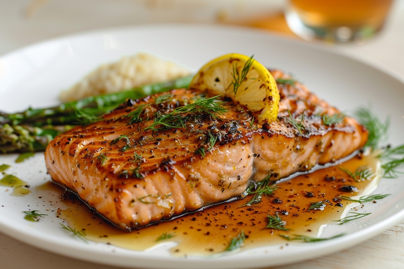 Easy 25-Minute Honey Garlic Butter Baked Salmon Recipe 6 A full white rectangular serving platter showcasing an entire perfectly glazed sheet of roasted salmon fillet, glistening with a rich caramelized crust and inviting juicy texture throughout, garnished with sprigs of fresh dill and lemon slices along the edges, placed on a white marble kitchen countertop with natural soft directional daylight highlighting the detailed textures and vibrant warm tones, shot from a 3/4 angle to capture the whole uncut fillet in a refined food magazine hero style. REALISTIC STYLE IMAGE| TAGS: High-end food photography, clean composition, dramatic lighting, luxurious, elegant, mouth-watering, indulgent, gourmet | CAMERA: Nikon Z7 | FOCAL LENGTH: 50mm | SHOT TYPE: Close-up | COMPOSITION: 3/4 angle | LIGHTING: Soft directional light | PRODUCTION: Food Stylist | TIME: Daytime I LOCATION TYPE: Kitchen near windows --stylize 150 --ar 4:5