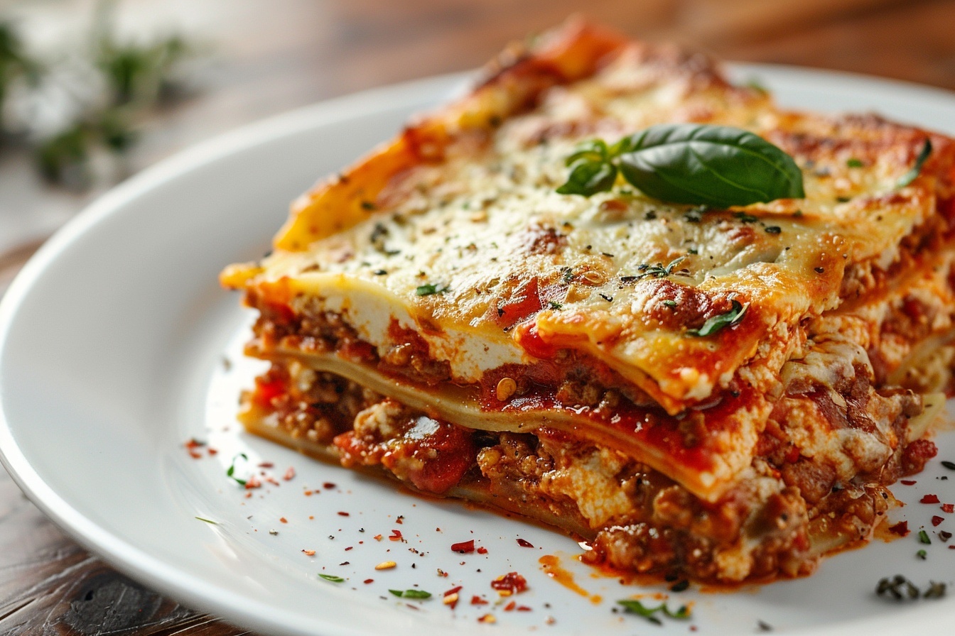 Million Dollar Italian Lasagna: The Ultimate Layered Baked Pasta Recipe 6 A large white rectangular baking dish filled with a whole, uncut classic lasagna, showcasing beautifully layered pasta sheets interspersed with rich, savory meat sauce and creamy ricotta, topped with a golden, bubbling mozzarella cheese crust that is sprinkled with finely chopped fresh parsley and a hint of red chili flakes, presented on a white marble kitchen countertop, captured in natural soft directional daylight that emphasizes the indulgent textures and warm colors, styled like a high-end gourmet food magazine hero shot, professional food stylist details enhancing its luxurious appeal. REALISTIC STYLE IMAGE| TAGS: High-end food photography, clean composition, dramatic lighting, luxurious, elegant, mouth-watering, indulgent, gourmet | CAMERA: Nikon Z7 | FOCAL LENGTH: 50mm | SHOT TYPE: Close-up | COMPOSITION: 3/4 angle | LIGHTING: Soft directional light | PRODUCTION: Food Stylist | TIME: Daytime I LOCATION TYPE: Kitchen near windows --stylize 150 --ar 4:5