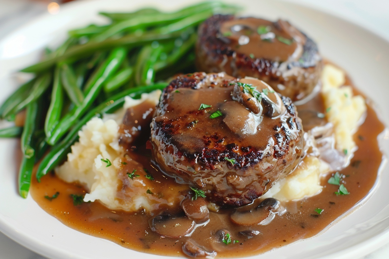 A large white ceramic serving dish filled with multiple juicy Salisbury steaks, generously smothered in a creamy mushroom and onion gravy, each patty perfectly browned and garnished with fresh parsley. Surrounding the steaks is a bed of creamy mashed potatoes with bits of mushroom integrated throughout, and a vibrant heap of bright green sautéed green beans arranged neatly on one side. The entire dish is presented in a professional food styling setup, captured in a 3/4 angle shot on a white marble kitchen countertop with soft natural light streaming in, highlighting the savory textures and colors in a gourmet, indulgent manner. REALISTIC STYLE IMAGE| TAGS: High-end food photography, clean composition, dramatic lighting, luxurious, elegant, mouth-watering, indulgent, gourmet | CAMERA: Nikon Z7 | FOCAL LENGTH: 50mm | SHOT TYPE: Close-up | COMPOSITION: 3/4 angle | LIGHTING: Soft directional light | PRODUCTION: Food Stylist | TIME: Daytime I LOCATION TYPE: Kitchen near windows --stylize 150 --ar 4:5