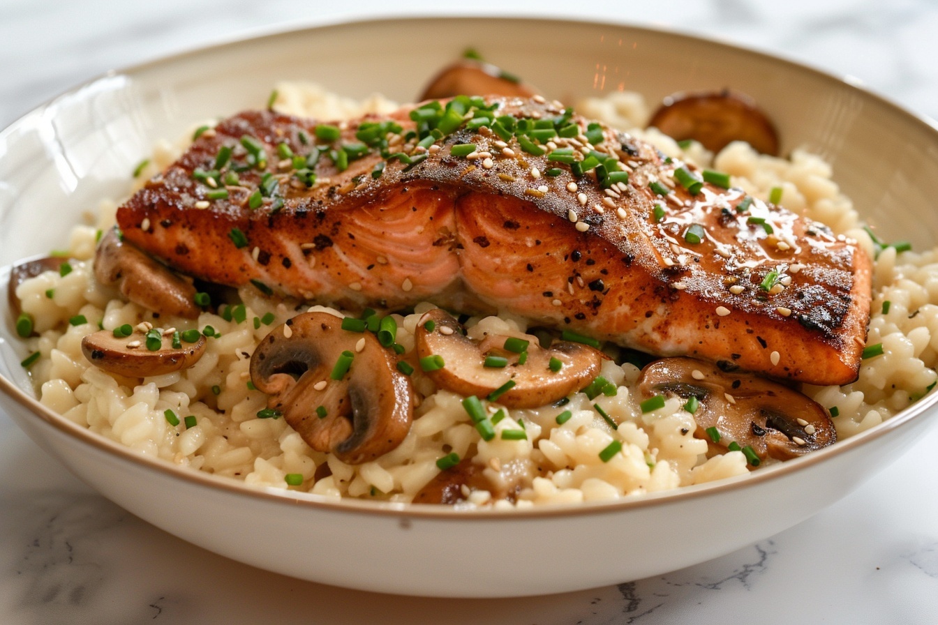 A large white ceramic bowl filled with creamy mushroom risotto, generously mixed with tender slices of shiitake and button mushrooms, topped with a perfectly seared, whole glazed salmon fillet that boasts a golden brown crust and sprinkled with finely chopped chives and sesame seeds, presented as a complete dish with multiple portions arranged beautifully on a pristine white marble kitchen countertop, captured from a 3/4 angle showcasing the full comforting meal, under soft natural daylight emphasizing the luscious textures and vibrant colors, styled by a professional food stylist for an elegant and indulgent gourmet presentation. REALISTIC STYLE IMAGE| TAGS: High-end food photography, clean composition, dramatic lighting, luxurious, elegant, mouth-watering, indulgent, gourmet | CAMERA: Nikon Z7 | FOCAL LENGTH: 50mm | SHOT TYPE: Close-up | COMPOSITION: 3/4 angle | LIGHTING: Soft directional light | PRODUCTION: Food Stylist | TIME: Daytime I LOCATION TYPE: Kitchen near windows --stylize 150 --ar 4:5